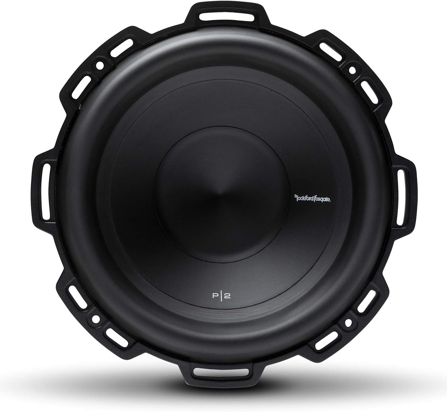 Schwarzer Subwoofer mit kreisförmigem Design und umlaufendem Rahmen mit Löchern. Rockford Fosgate Logo sichtbar.