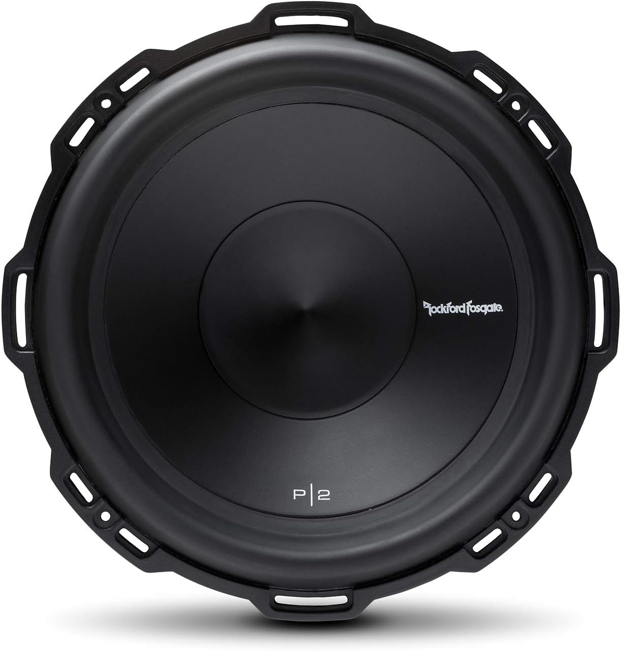 Ein schwarzer Subwoofer mit einem zentralen Konus. Der Markenname Rockford Fosgate ist sichtbar. Der Modellname P2 ist aufgedruckt.