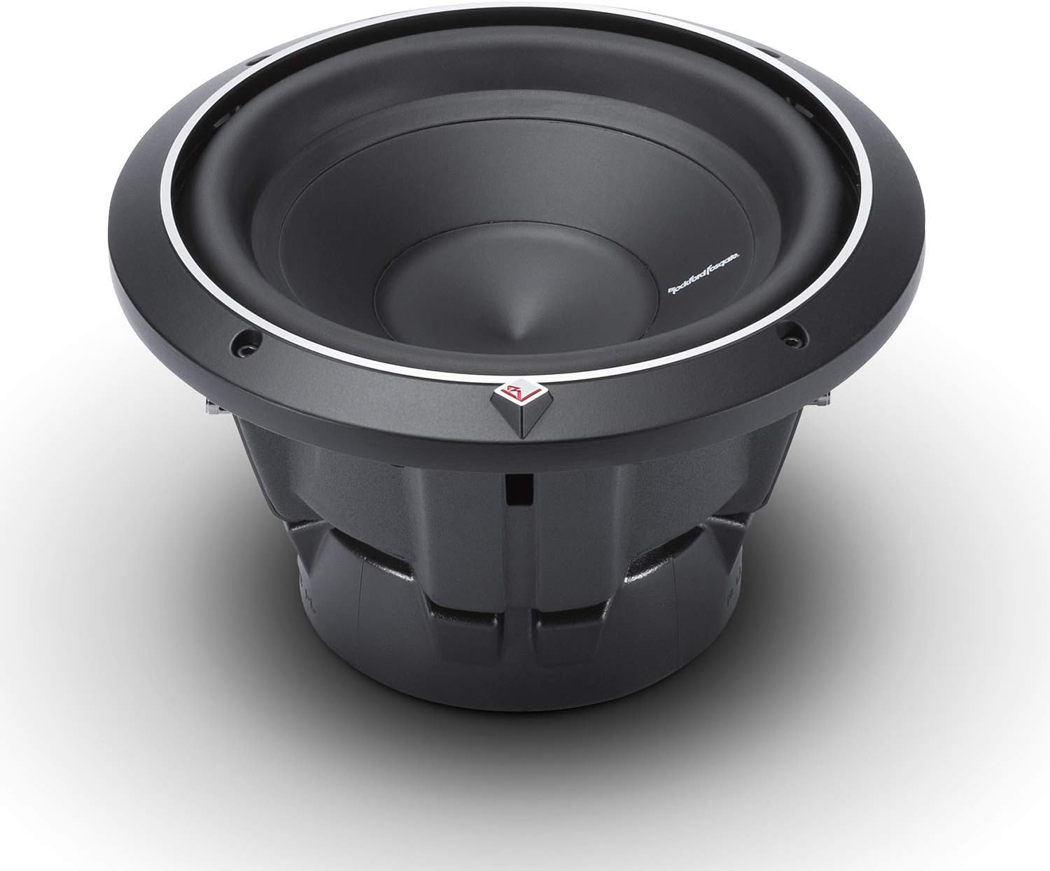 Ein schwarzer Subwoofer mit silberner Zierleiste und einem Konus in der Mitte. Er hat ein dreieckiges Logo und befindet sich auf weißem Hintergrund.