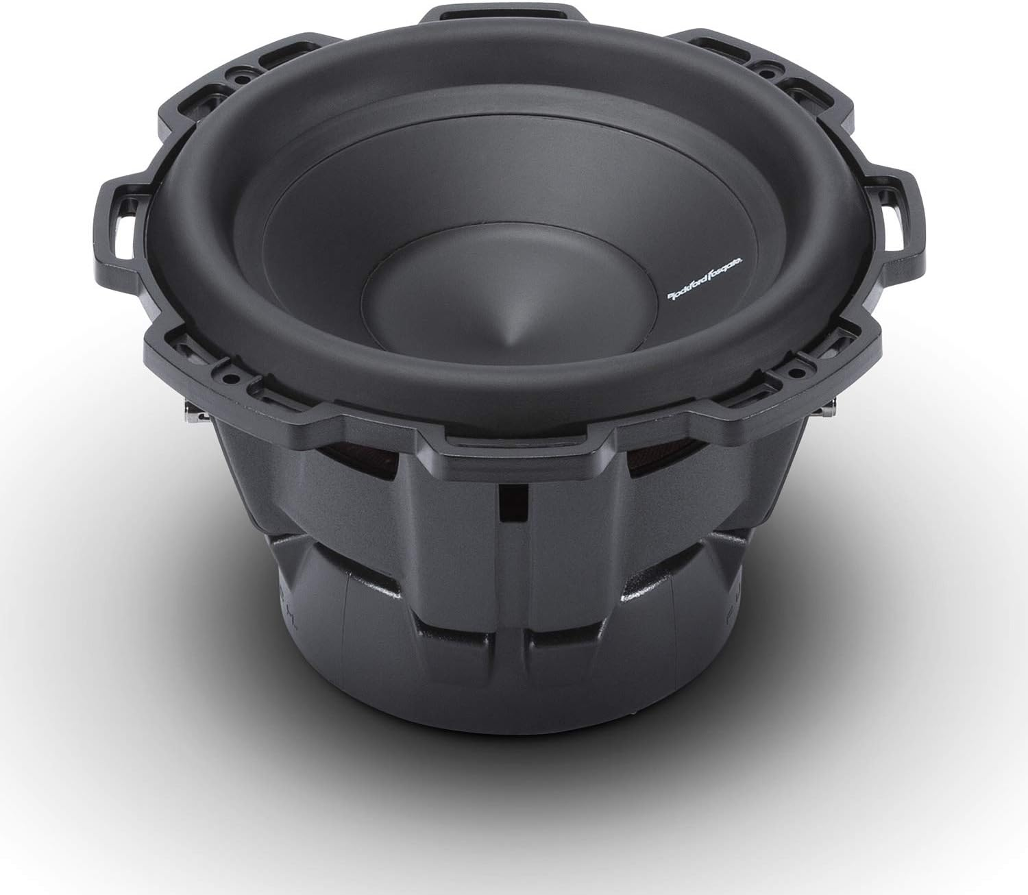 Ein schwarzer Subwoofer mit kegelförmiger Mitte. Er steht auf einer weißen Oberfläche und wirft einen Schatten. Der Lautsprecher hat einen Rahmen.