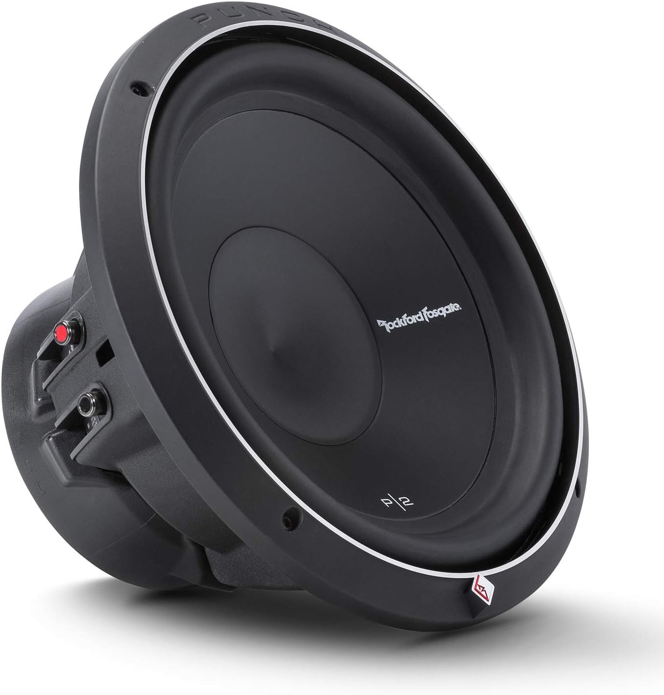 Ein schwarzer Subwoofer mit weißer Umrandung. Der Markenname 'Rockford Fosgate' ist sichtbar. Er befindet sich auf weißem Hintergrund.