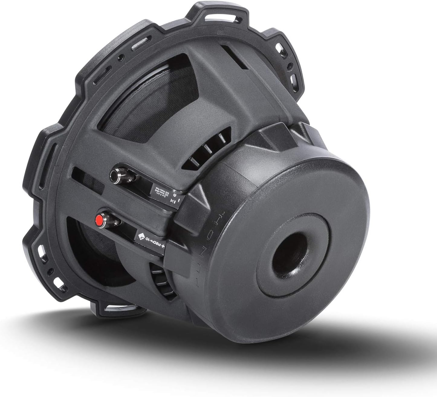 Ein schwarzer Subwoofer auf weißem Hintergrund. Er hat eine runde Form mit einem zentralen Konus. An der Seite befindet sich ein roter Knopf.