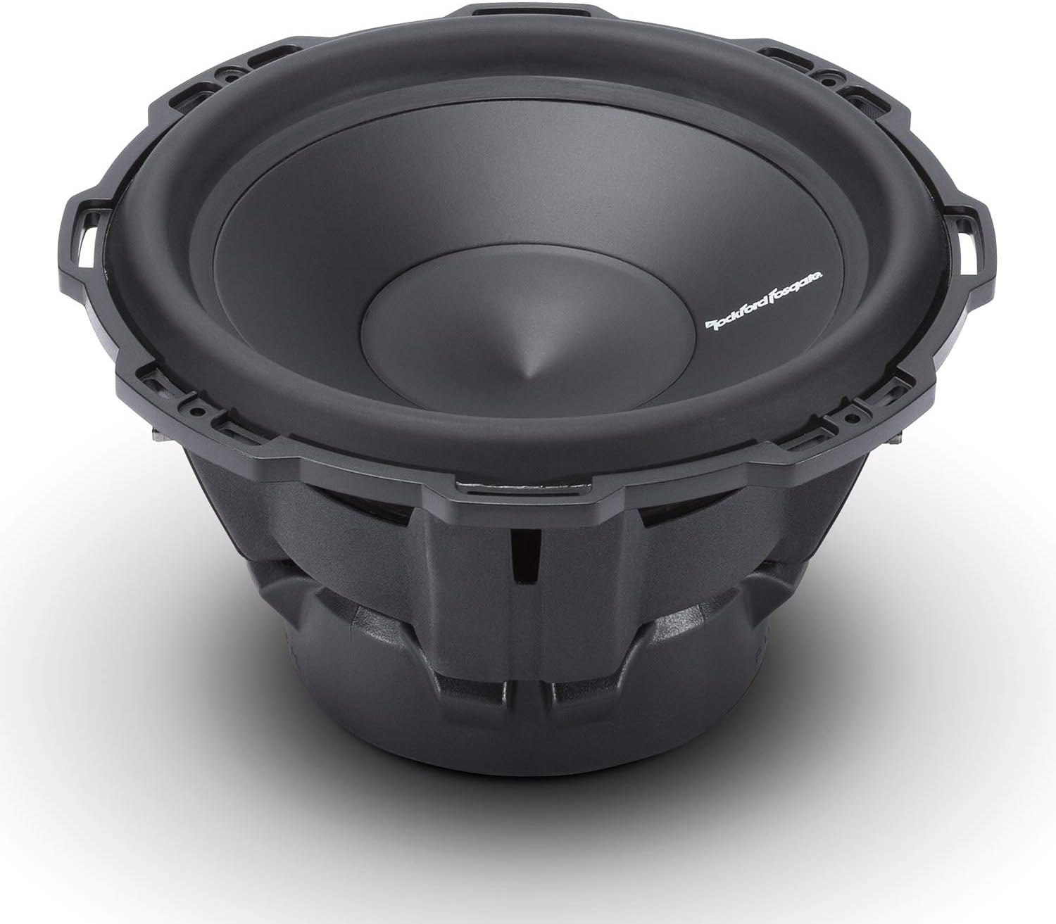 Schwarzer Subwoofer mit kegelförmiger Mitte. Das Rockford Fosgate Logo ist sichtbar. Der Hintergrund ist weiß mit Schatten.