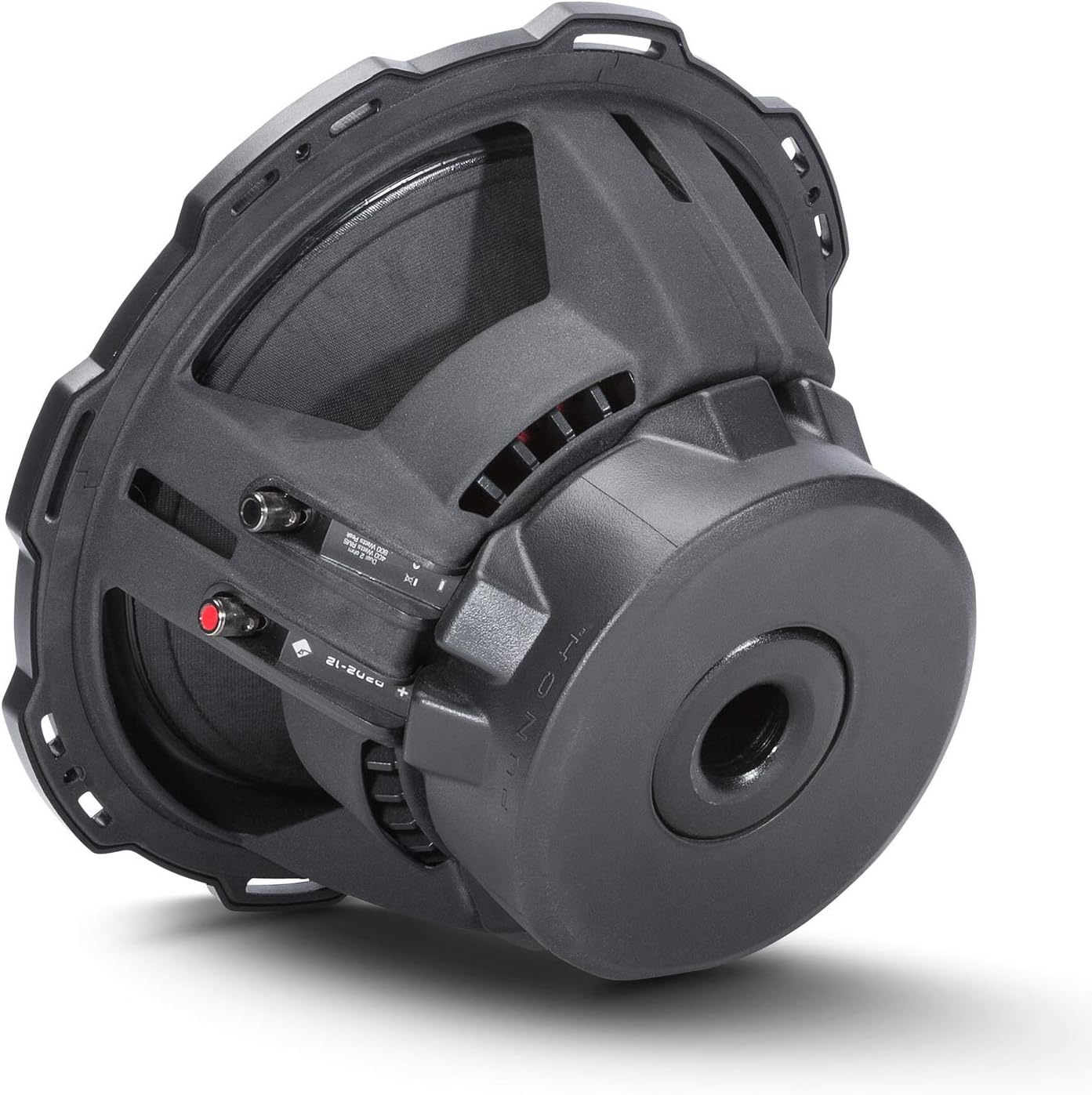 Ein schwarzer Subwoofer liegt auf einer weißen Oberfläche. Er hat eine runde Form mit einem zentralen Konus und einem großen Rahmen.