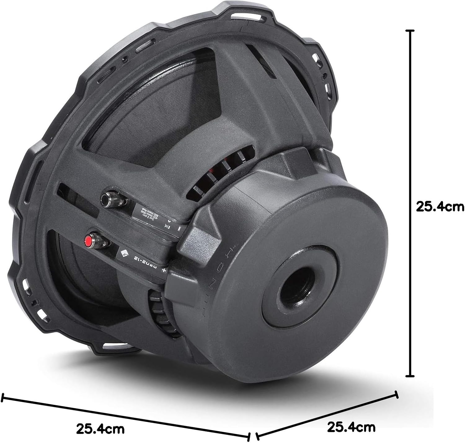 Ein schwarzer Subwoofer auf weißem Hintergrund. Er ist in jeder Dimension 25,4 cm groß. Die Abmessungen sind mit schwarzen Linien dargestellt.