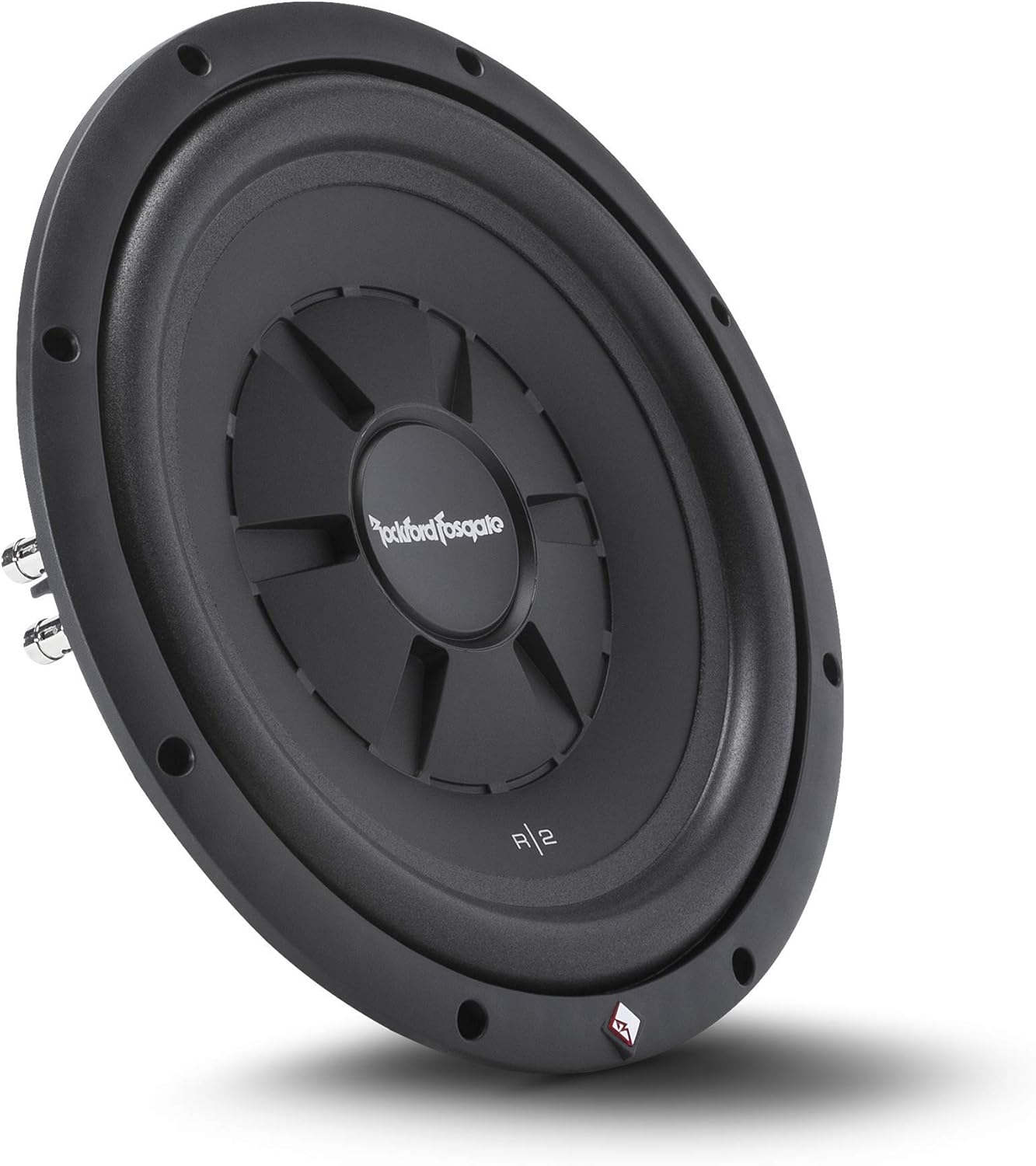 Ein schwarzer Subwoofer mit einem zentralen Konus, einem umlaufenden Gummiring und dem Markennamen 'Rockford Fosgate'.