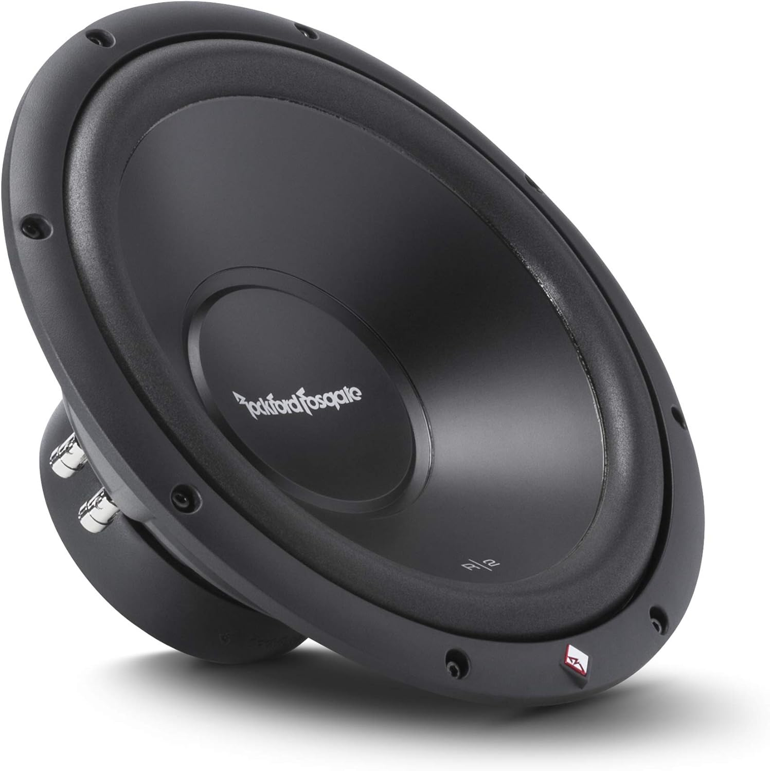Ein schwarzer Subwoofer mit runder Form, leicht angewinkelt. Der Markenname ist sichtbar. Er befindet sich auf weißem Hintergrund.