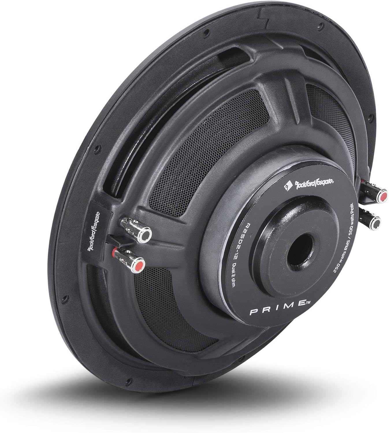 Ein schwarzer Rockford Fosgate Prime Subwoofer. Er hat ein Mesh-Gitter und Anschlussklemmen. Die Modellnummer R2SD2-12 ist sichtbar.