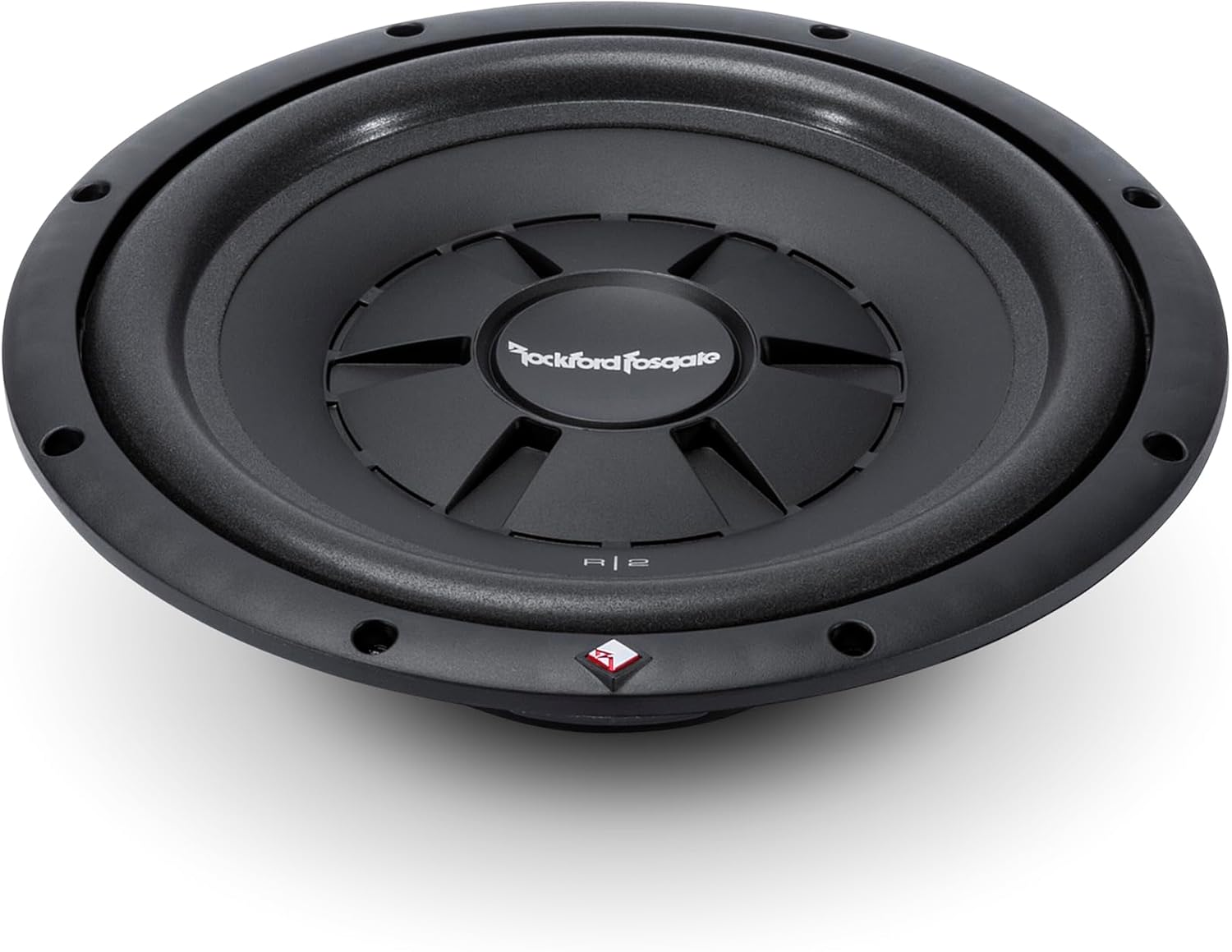 Schwarzer Rockford Fosgate Subwoofer auf weißem Hintergrund. Merkmale sind Konus, Sicke und Montagerahmen. Das Logo ist sichtbar.