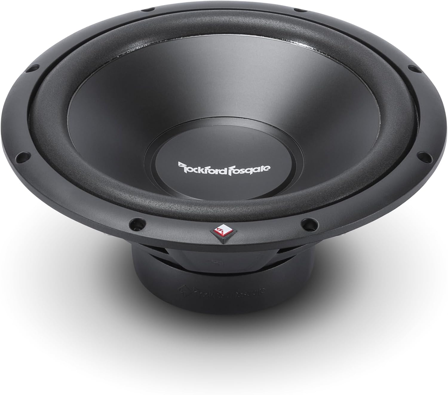 Ein schwarzer Subwoofer mit Gummisicke, das Rockford Fosgate-Logo ist sichtbar. Er steht auf einer weißen Oberfläche und wirft einen Schatten.