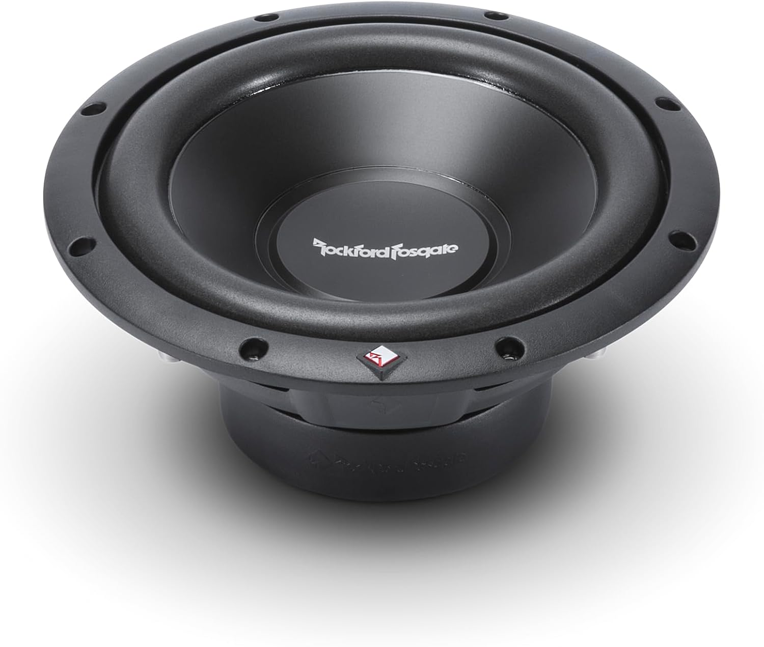 Ein schwarzer Subwoofer mit rundem Design befindet sich auf einer weißen Oberfläche. Er hat einen Konus in der Mitte und ein Markenlogo.