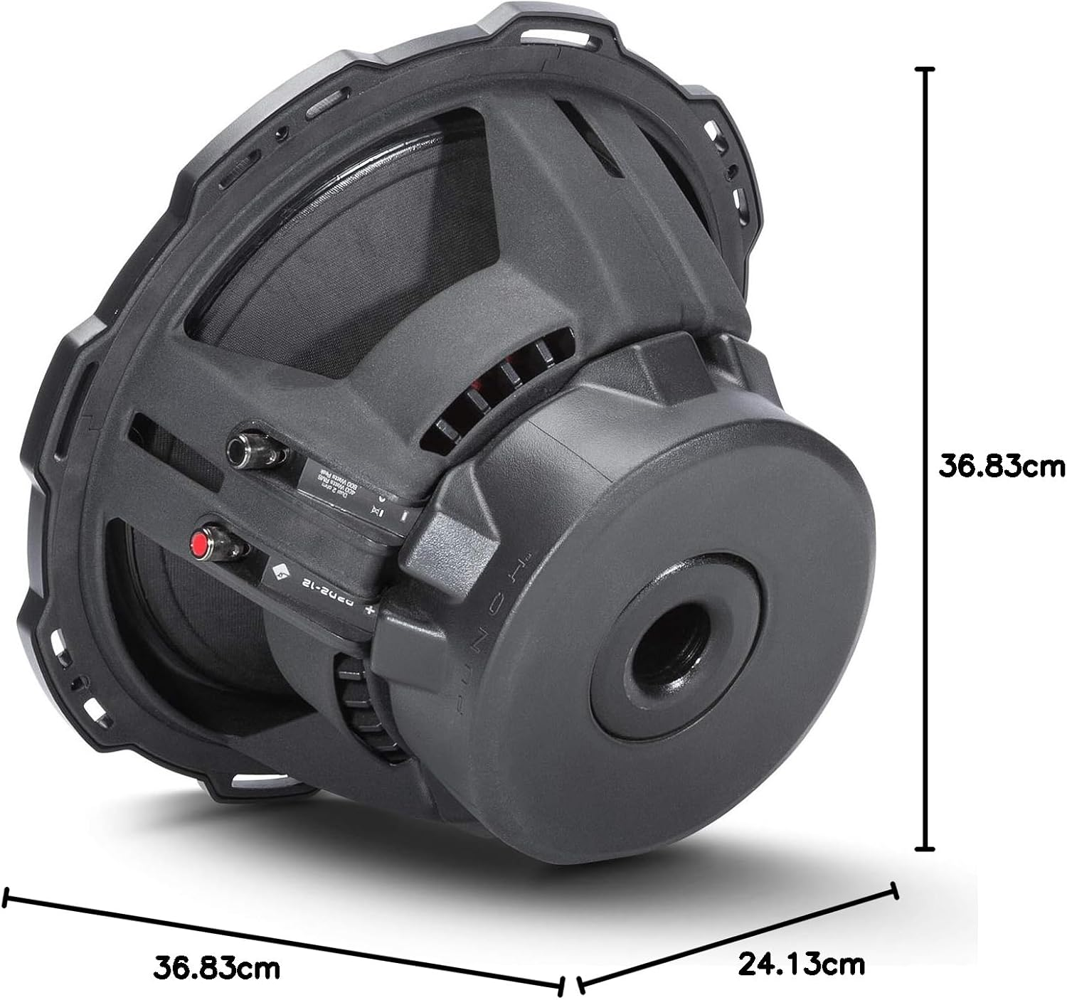 Ein schwarzer Subwoofer mit beschrifteten Abmessungen. Er hat eine runde Form mit einem gitterbedeckten Konus, umgeben von einem schwarzen Rahmen und einem zentralen Anschluss.