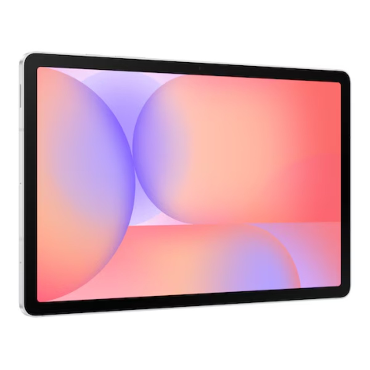 Tablet z czarną ramką. Ekran wyświetla rozmyte sfery w odcieniach różu, pomarańczy i fioletu na białym tle.