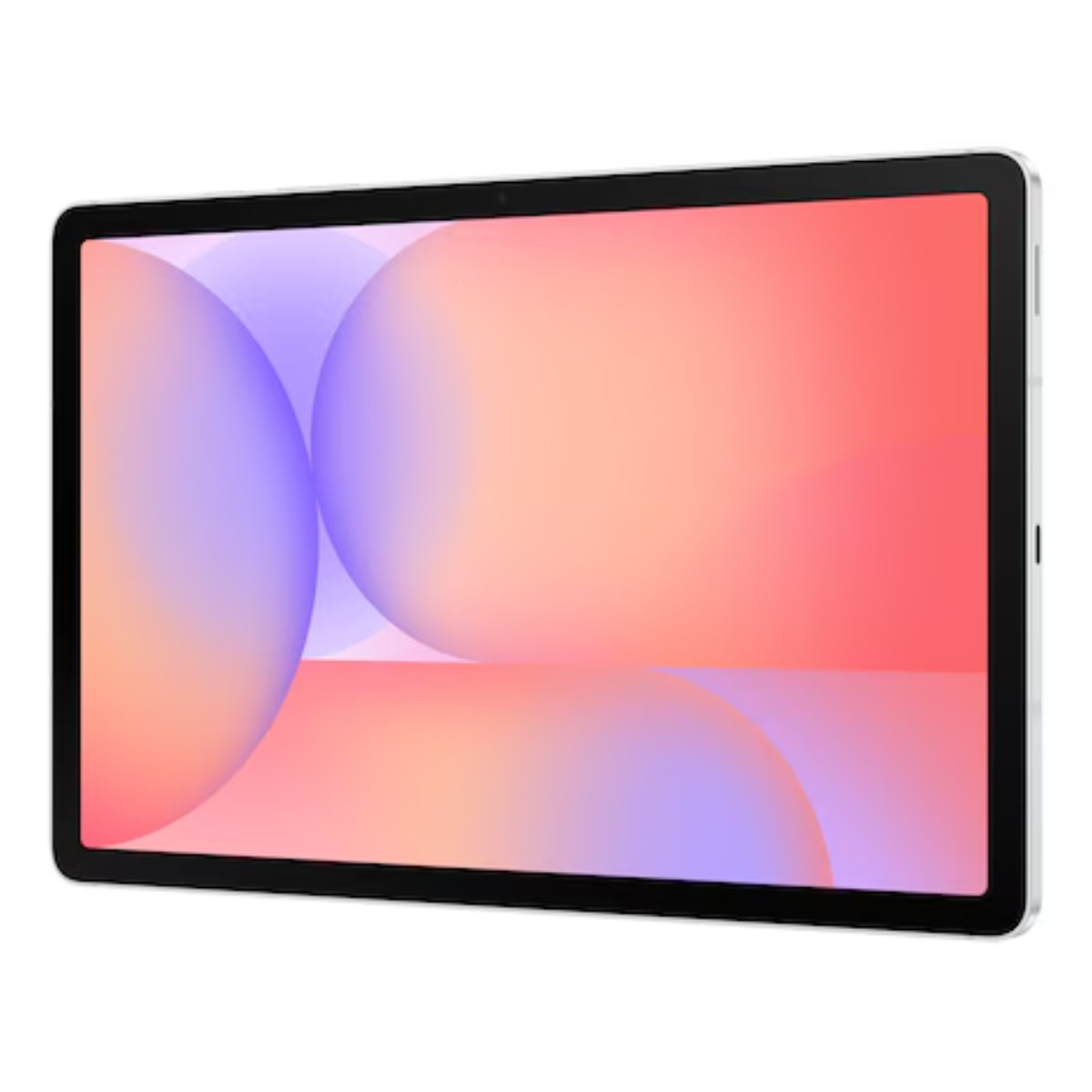 Tablet z gradientowym wyświetlaczem, przechodzącym od fioletu do pomarańczowego i czerwonego. Tablet ma czarną ramkę i białą ramę.