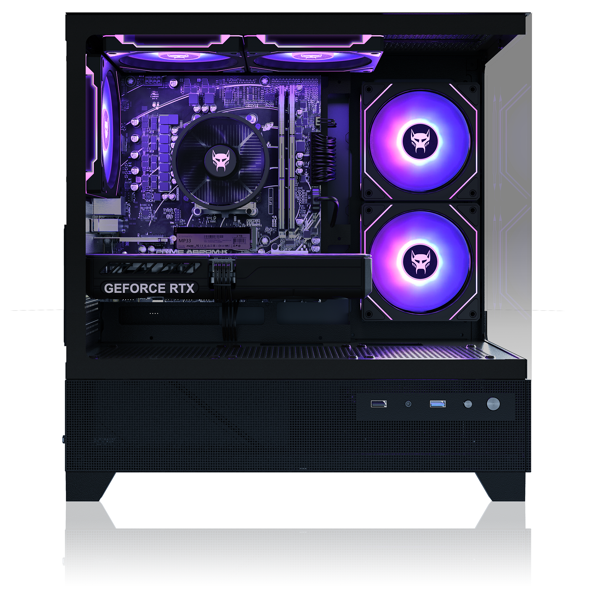 Offenes Computergehäuse mit lila Beleuchtung. Enthält Lüfter, GPU, CPU-Kühler, Motherboard und andere Komponenten.