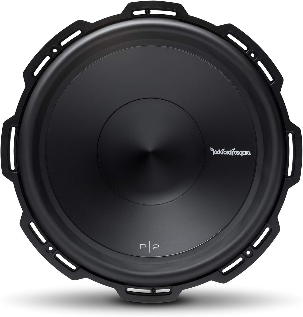 Ein schwarzer Subwoofer mit Metallrahmen. Das Rockford Fosgate-Logo ist sichtbar. Das Modell ist P2. Das Design ist kreisförmig.