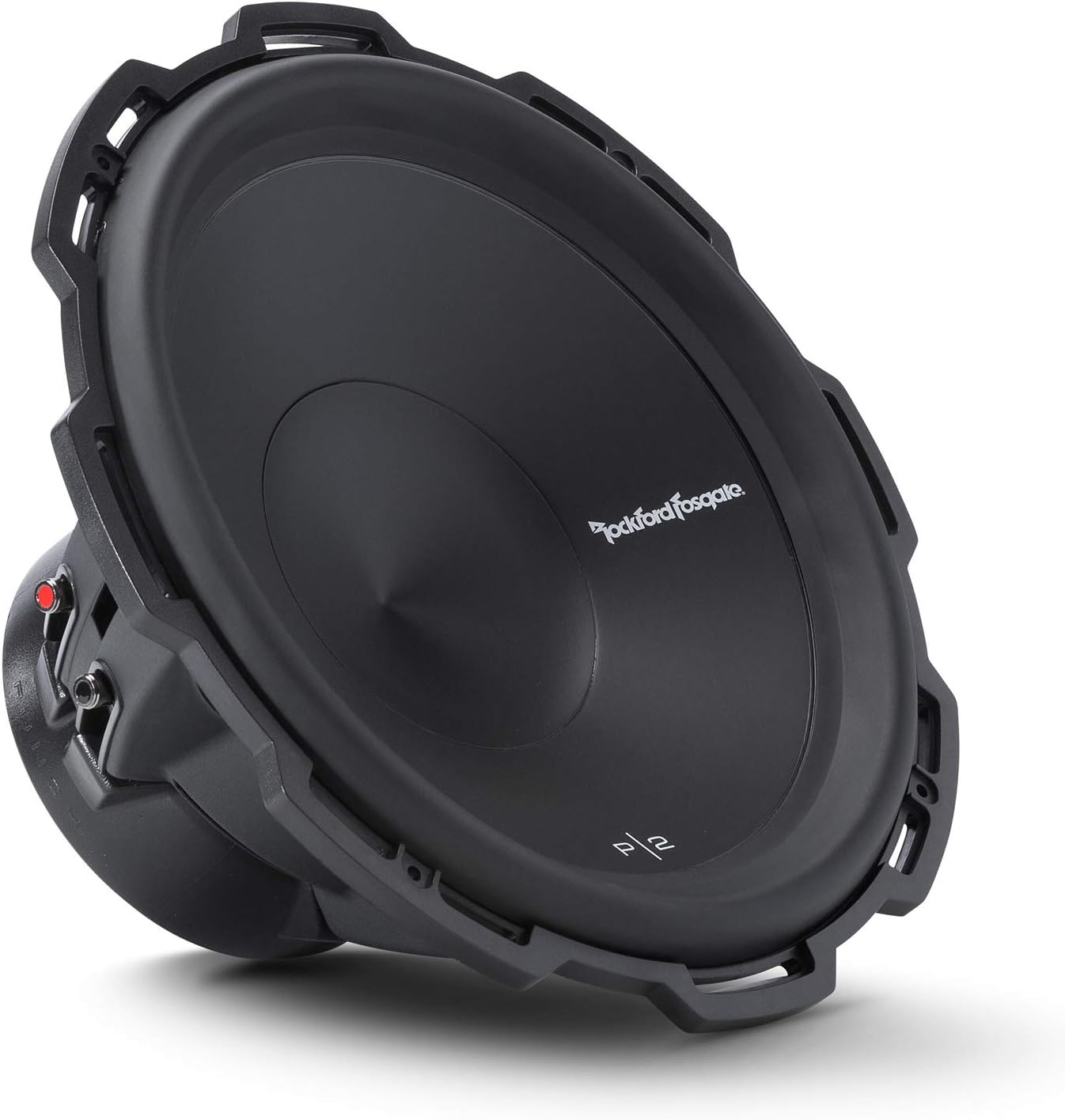 Ein schwarzer Subwoofer mit dem Logo von Rockford Fosgate. Er hat einen großen Konus, einen umgebenden Rahmen und ein rotes Kontrolllicht.
