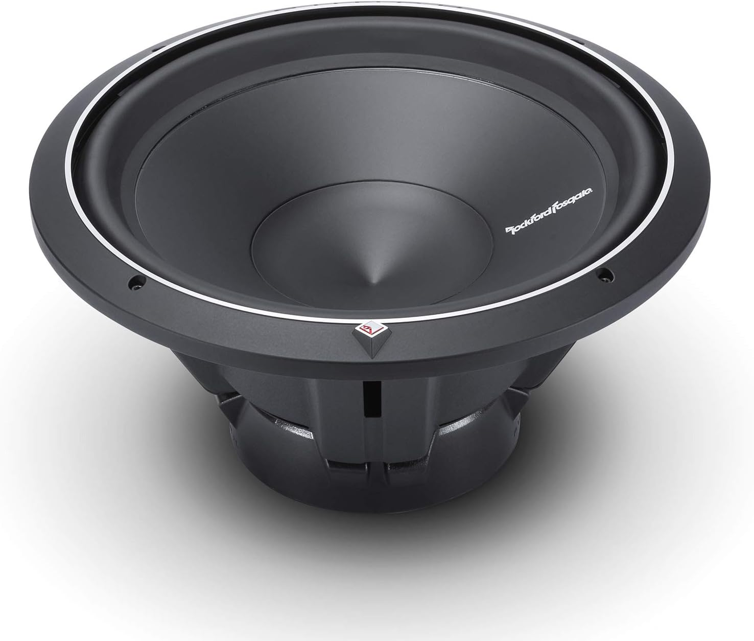 Ein schwarzer Subwoofer mit silbernem Rand. Der Konus ist schwarz mit silberner Mitte. Auf weißem Hintergrund. Der Markenname ist sichtbar.