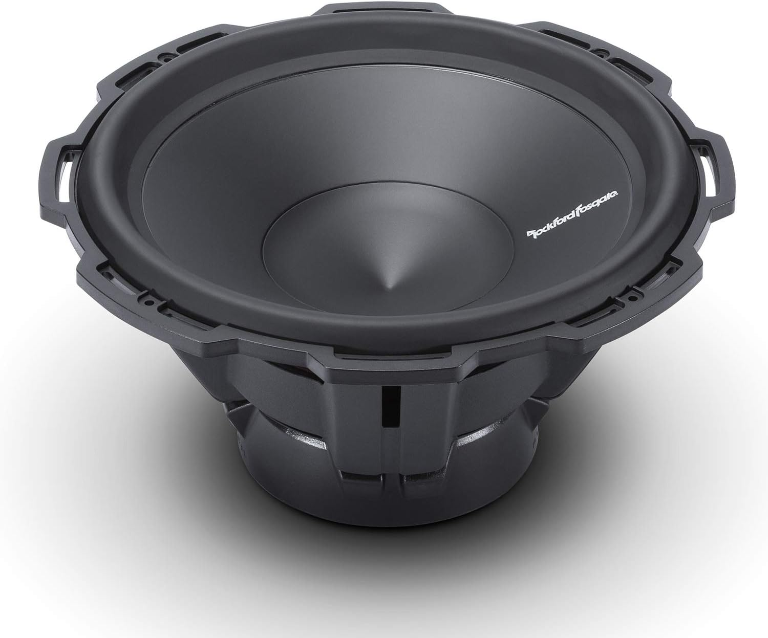 Ein schwarzer Subwoofer-Lautsprecher mit kegelförmiger Mitte und umlaufendem Rahmen auf weißem Hintergrund.