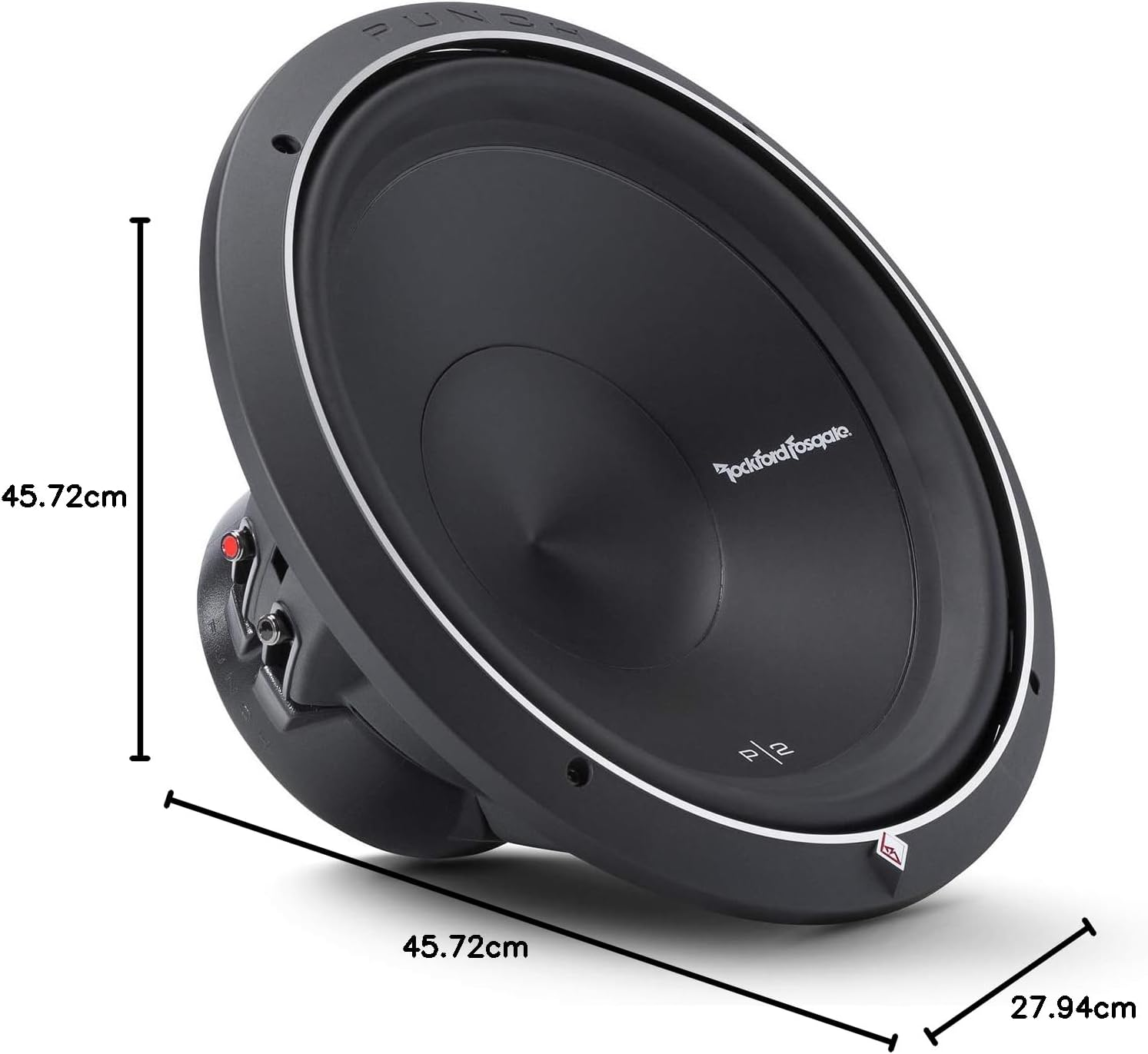 Ein großer schwarzer Rockford Fosgate P2 Subwoofer. Er hat einen Konus in der Mitte und einen silbernen Ring. Abmessungen sind gezeigt.