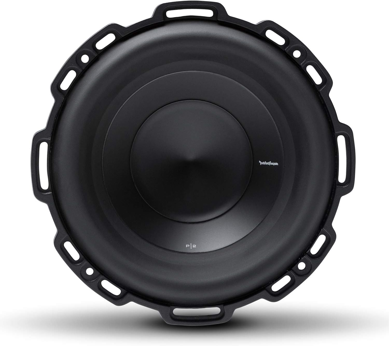 Ein schwarzer Subwoofer mit kreisförmigem Design. Er hat einen Konus in der Mitte. Die Marke "Rockford Fosgate" ist sichtbar.