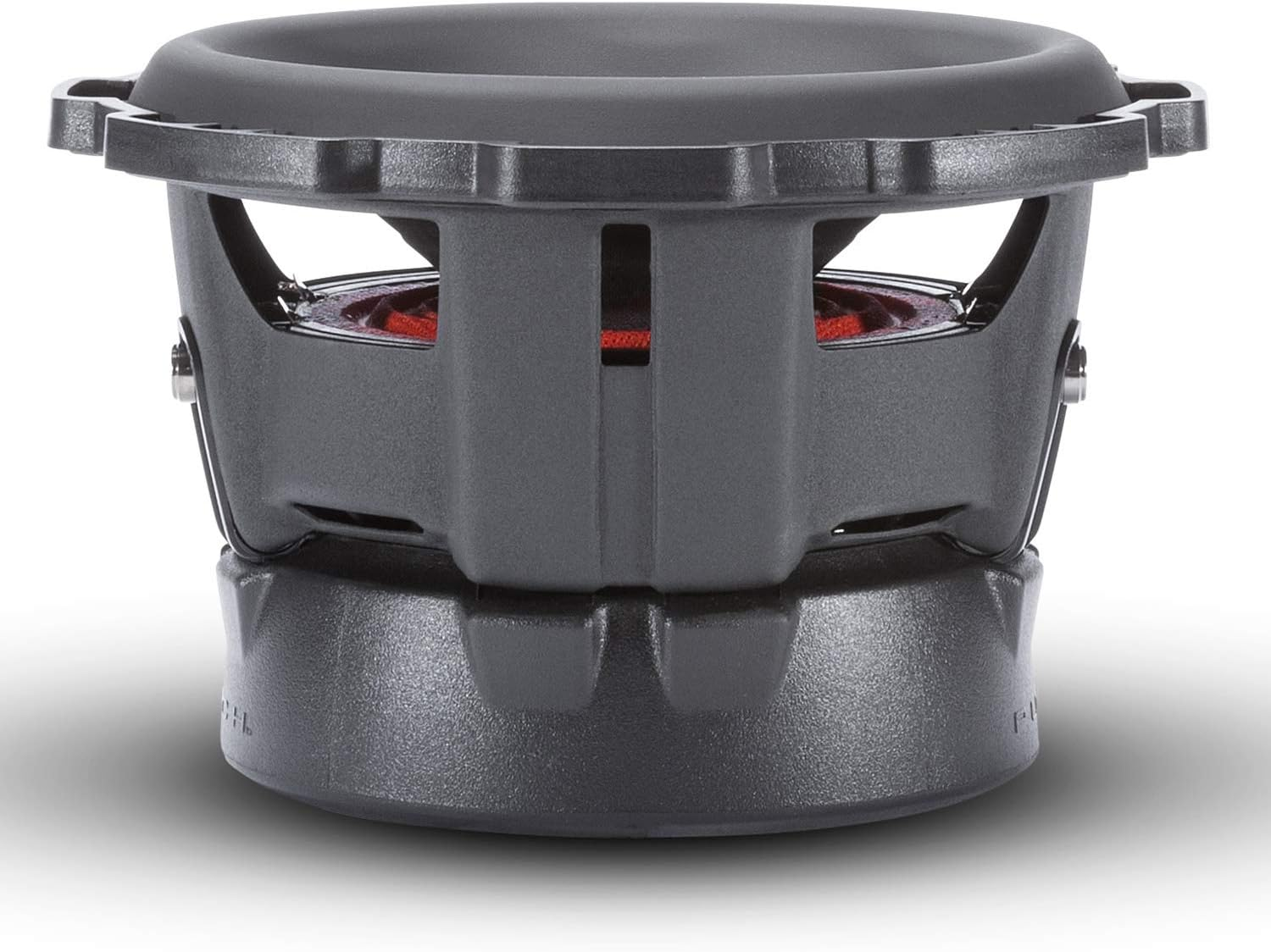 Nahaufnahme eines schwarzen Subwoofers. Er hat eine runde Form mit strukturierter Oberfläche. Rotes Mesh ist sichtbar.