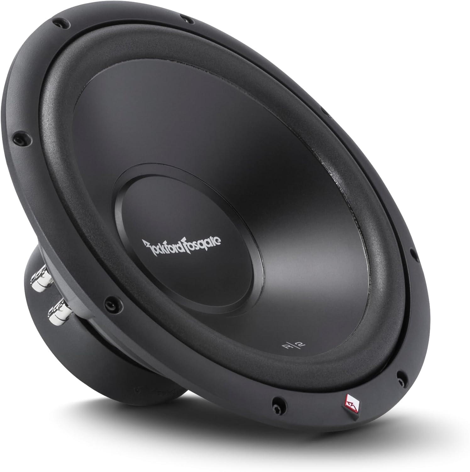 Ein schwarzer Subwoofer mit dem Logo von Rockford Fosgate ist auf weißem Hintergrund schräg positioniert. Er hat eine runde Form.