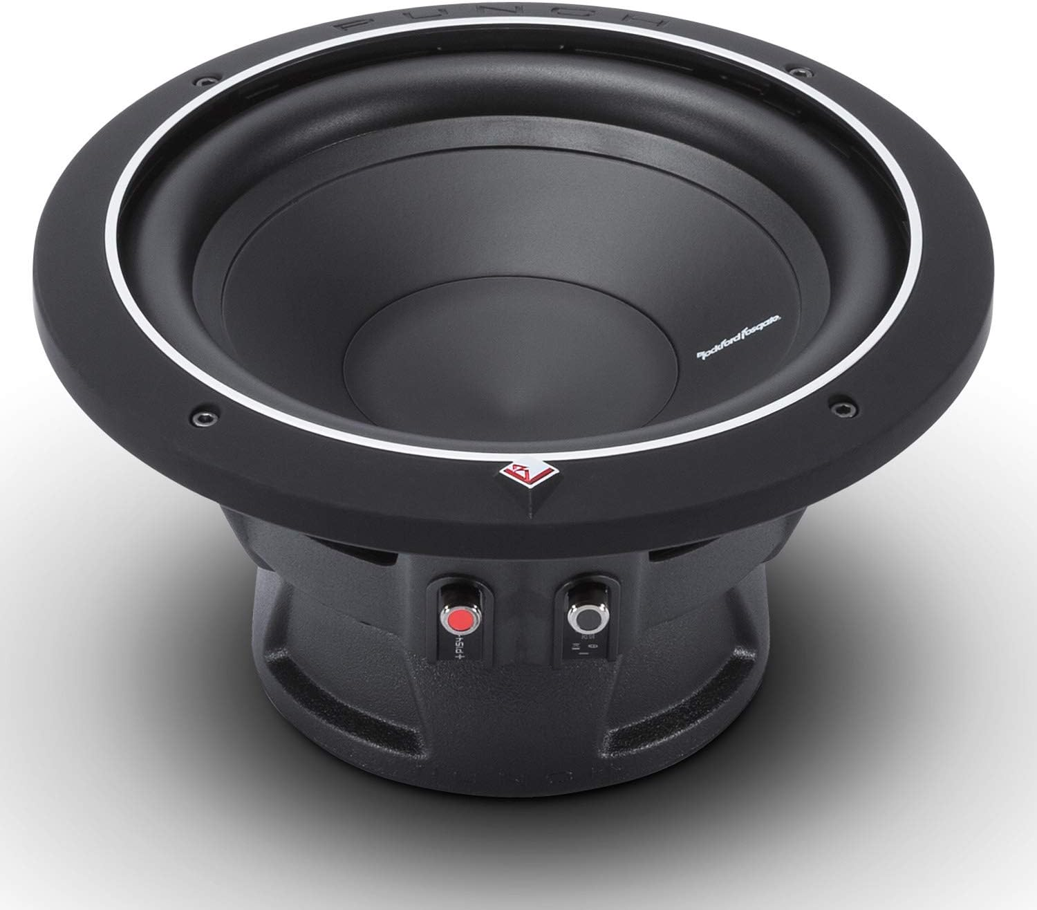 Schwarzer Subwoofer mit weißem Rand. Er hat einen roten Knopf und einen silbernen Knopf. Das Markenlogo ist sichtbar.