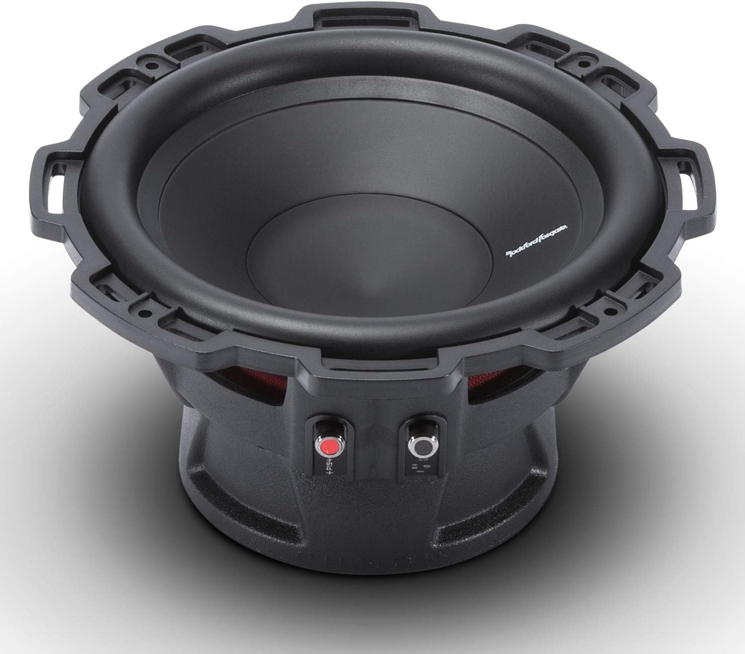 Ein schwarzer Subwoofer mit großem Lautsprecherkonus ist zentriert. Er hat eine rote und eine silberne Taste. Der Hintergrund ist weiß.