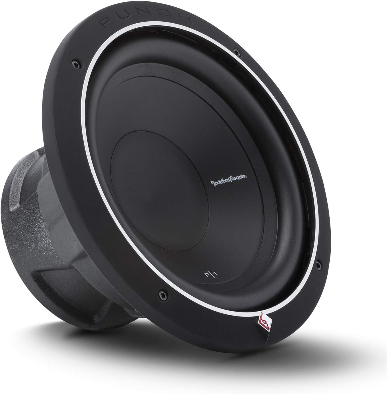 Schwarzer Subwoofer mit weißem Rand und Logo. Rundes Design mit dem Wort 'PUNCH'. Der Hintergrund ist weiß.