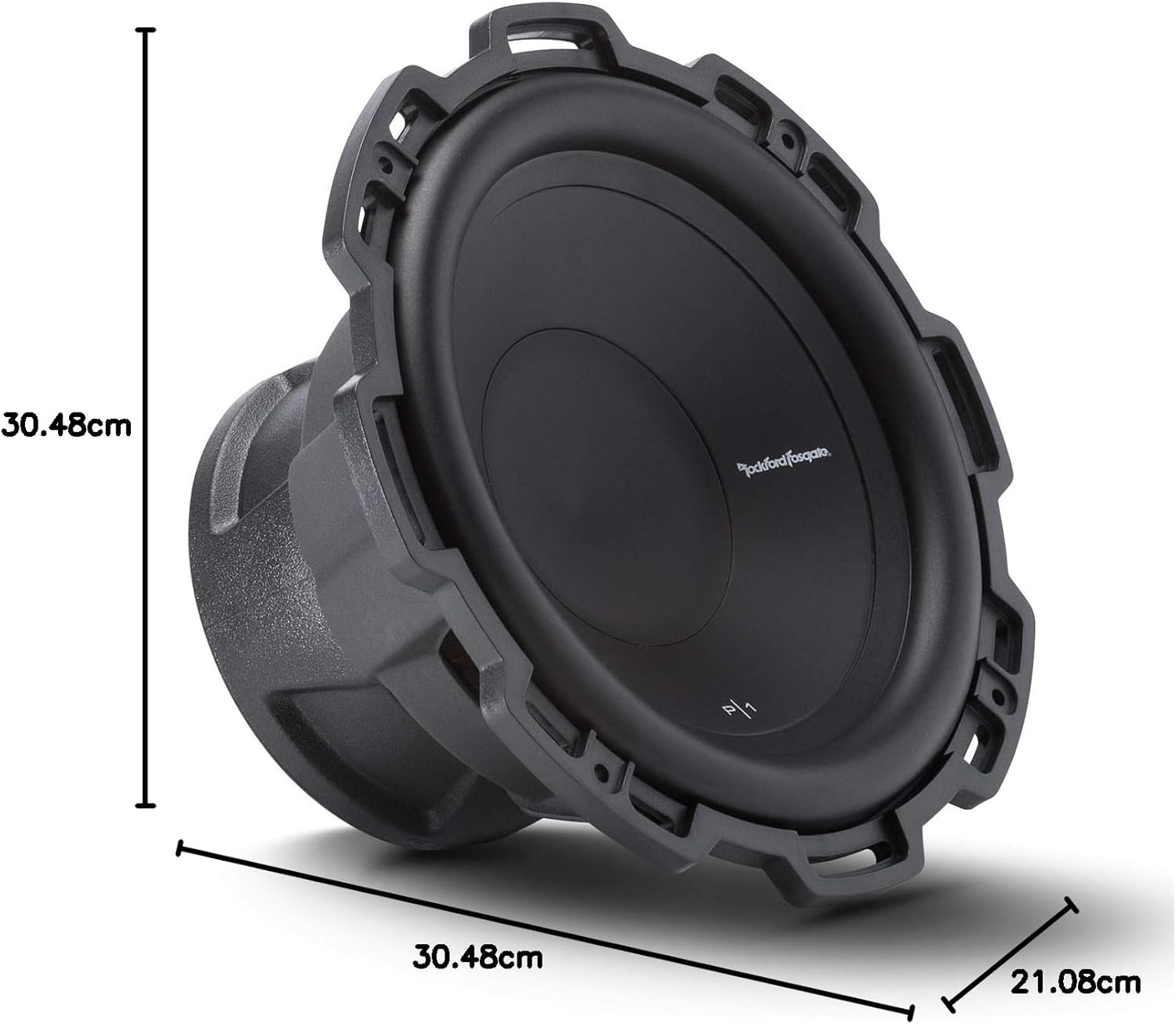 Ein schwarzer Subwoofer mit einem markanten Lautsprecherkonus. Er hat einen markanten Rahmen und ist mit 'Rockford Fosgate' beschriftet.