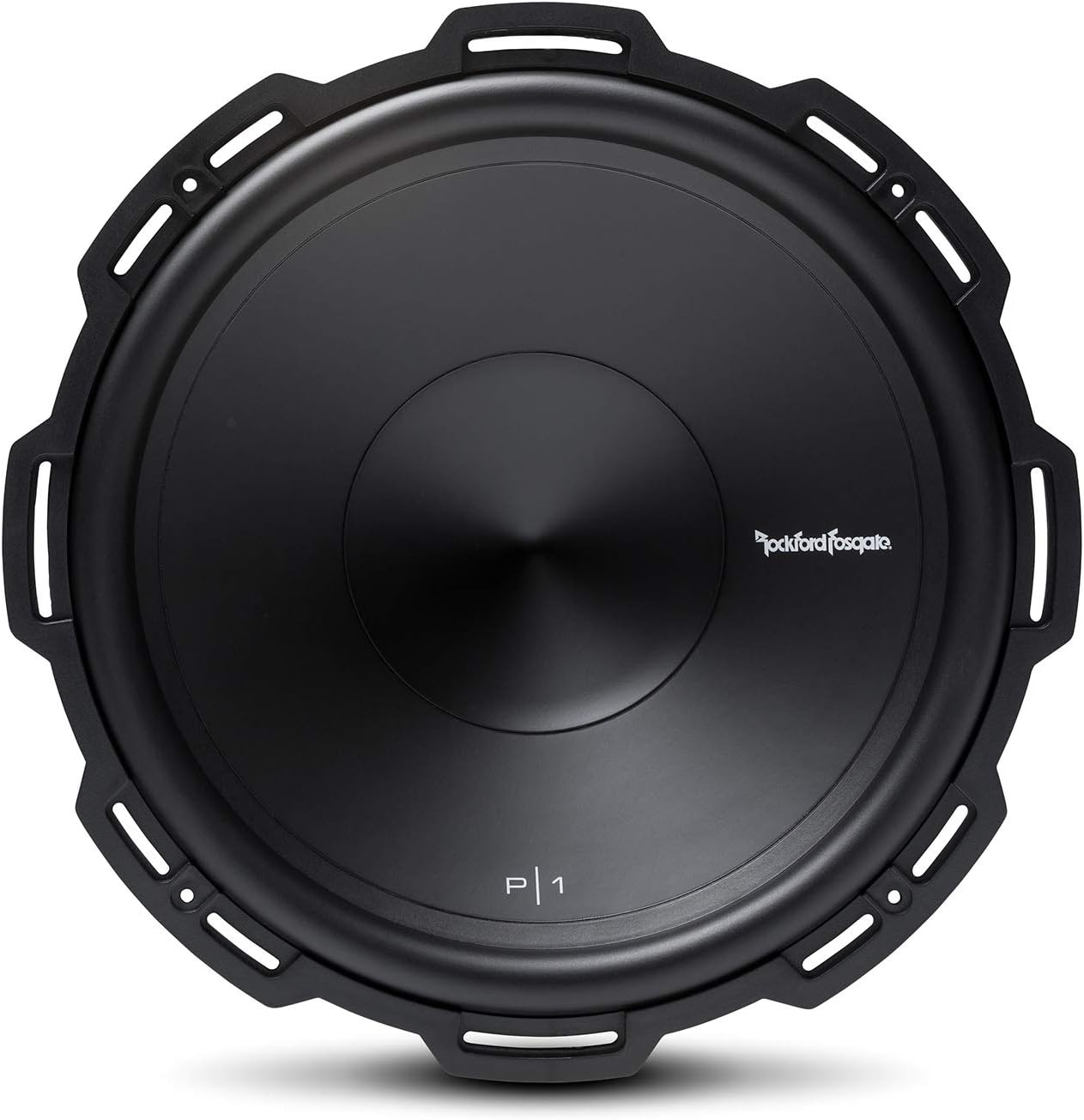 Ein schwarzer Subwoofer mit schwarzem Rahmen. Die Marke "Rockford Fosgate" ist sichtbar. Der Modellname ist "P1".