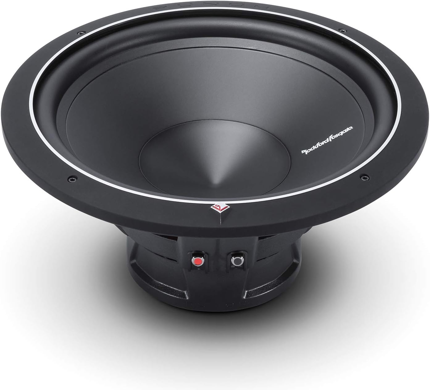 Ein schwarzer Subwoofer mit silberner Einfassung und rotem Logo. Der Kegel hat eine Spitze. Zwei rote und silberne Knöpfe sind sichtbar.