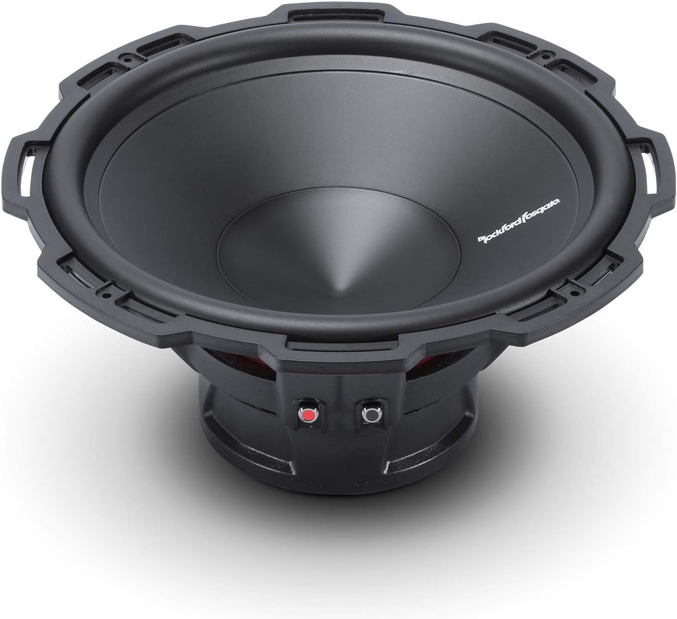 Ein schwarzer Subwoofer mit kegelförmiger Mitte. Er hat einen markanten Rahmen und der Markenname 'Rockford Fosgate' ist sichtbar.