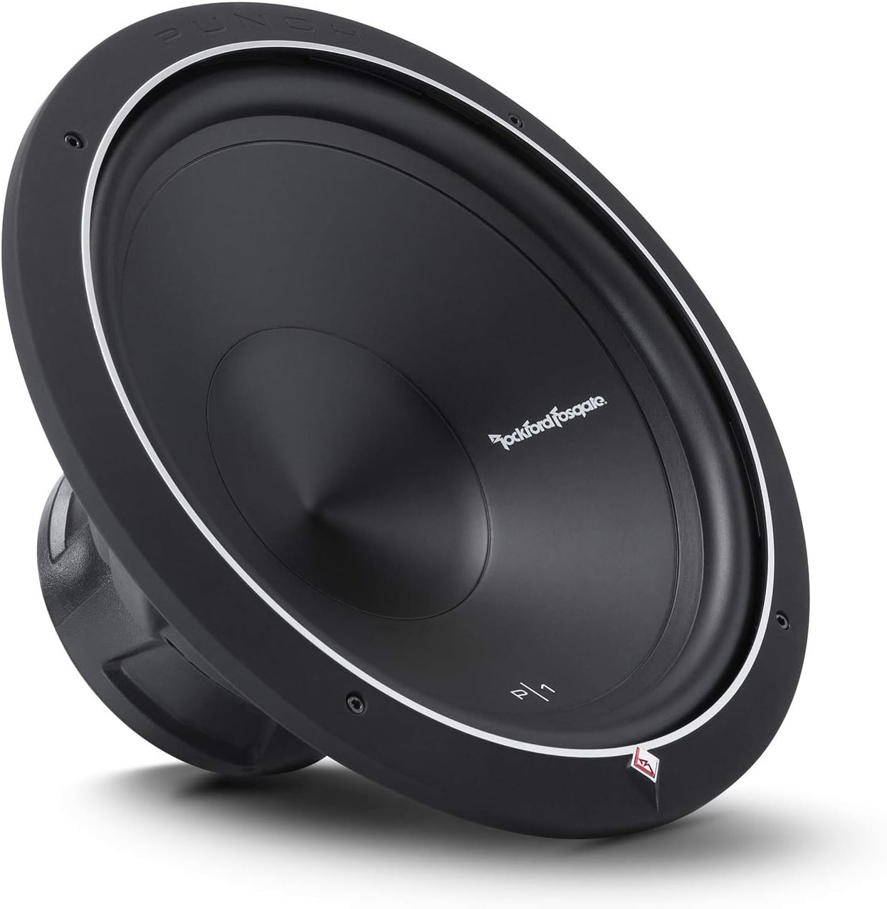 Ein schwarzer Rockford Fosgate Subwoofer. Er hat eine weiße Umrandung, und der Markenname ist sichtbar. Er befindet sich auf weißem Hintergrund.