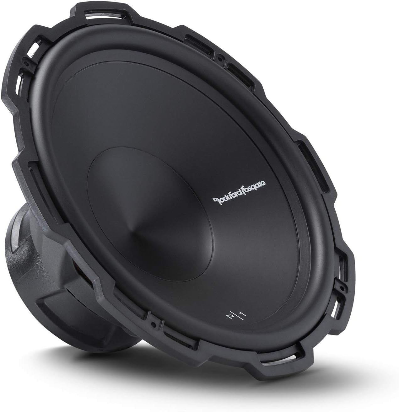 Ein schwarzer Subwoofer mit Schutzrahmen. Das Rockford Fosgate-Logo ist sichtbar. Der Konus ist schwarz und abgewinkelt.