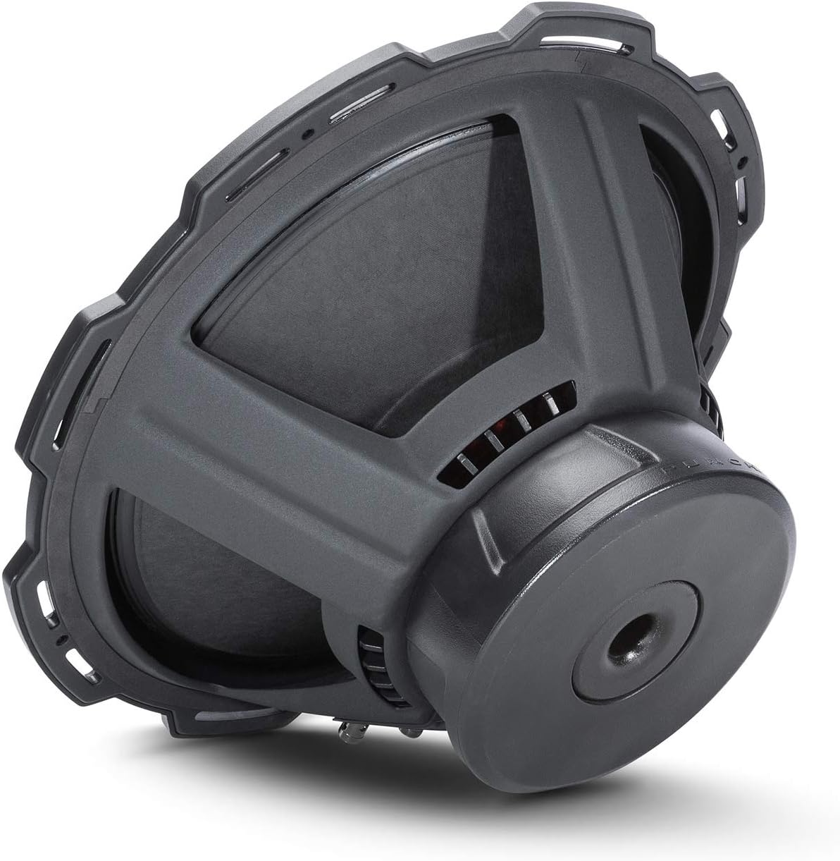 Ein grauer Subwoofer, diagonal abgewinkelt. Er hat eine kreisförmige Form mit einem zentralen Konus und geometrischen Rahmen.