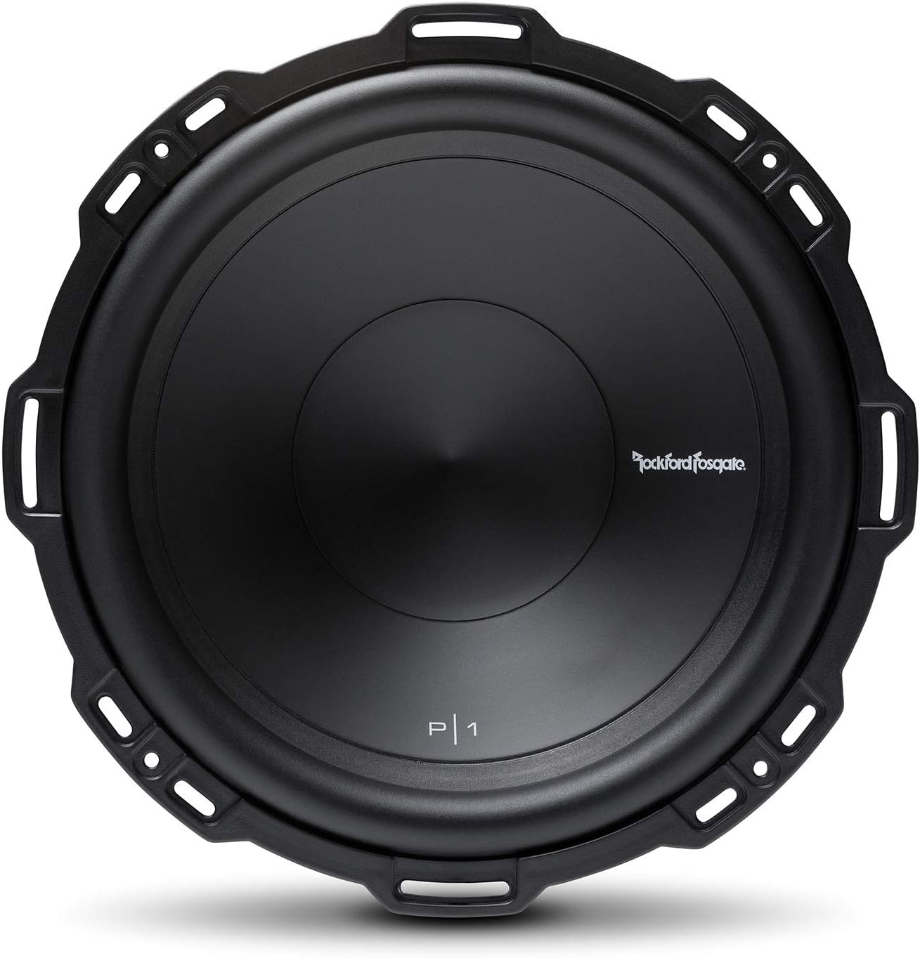 Ein schwarzer Subwoofer mit rundem Design. Er hat einen zentralen Konus, einen umlaufenden Rand und das Logo 'Rockford Fosgate'.