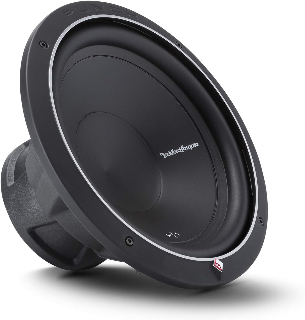 Ein schwarzer Rockford Fosgate Punch-Subwoofer, angewinkelt. Silberne Zierleiste am Rand. Der Markenname ist sichtbar. Auf weißem Hintergrund.