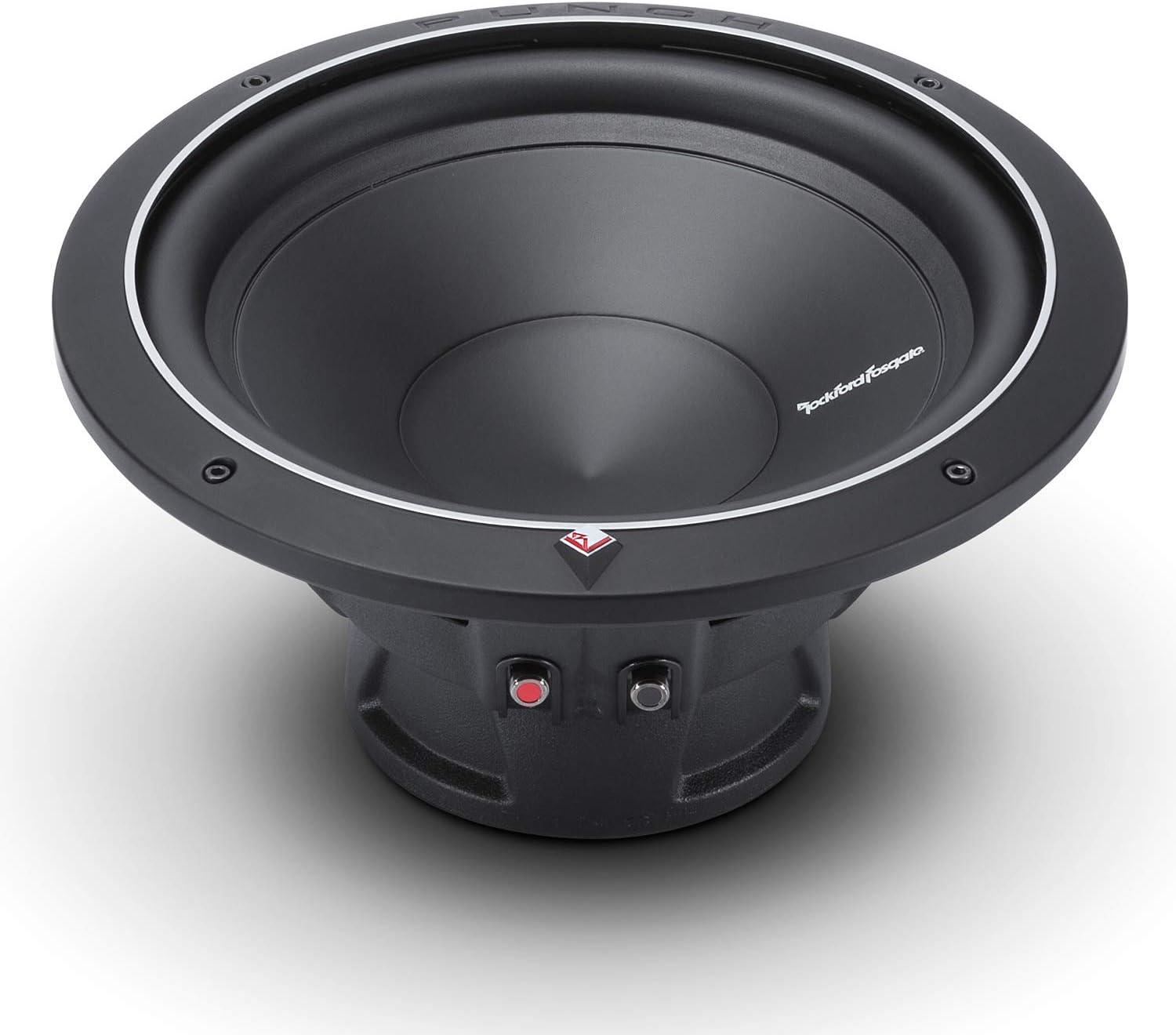 Ein schwarzer Subwoofer mit weißem Rand. Mit Rockford Fosgate Logo, roten und silbernen Details. Auf weißem Hintergrund.