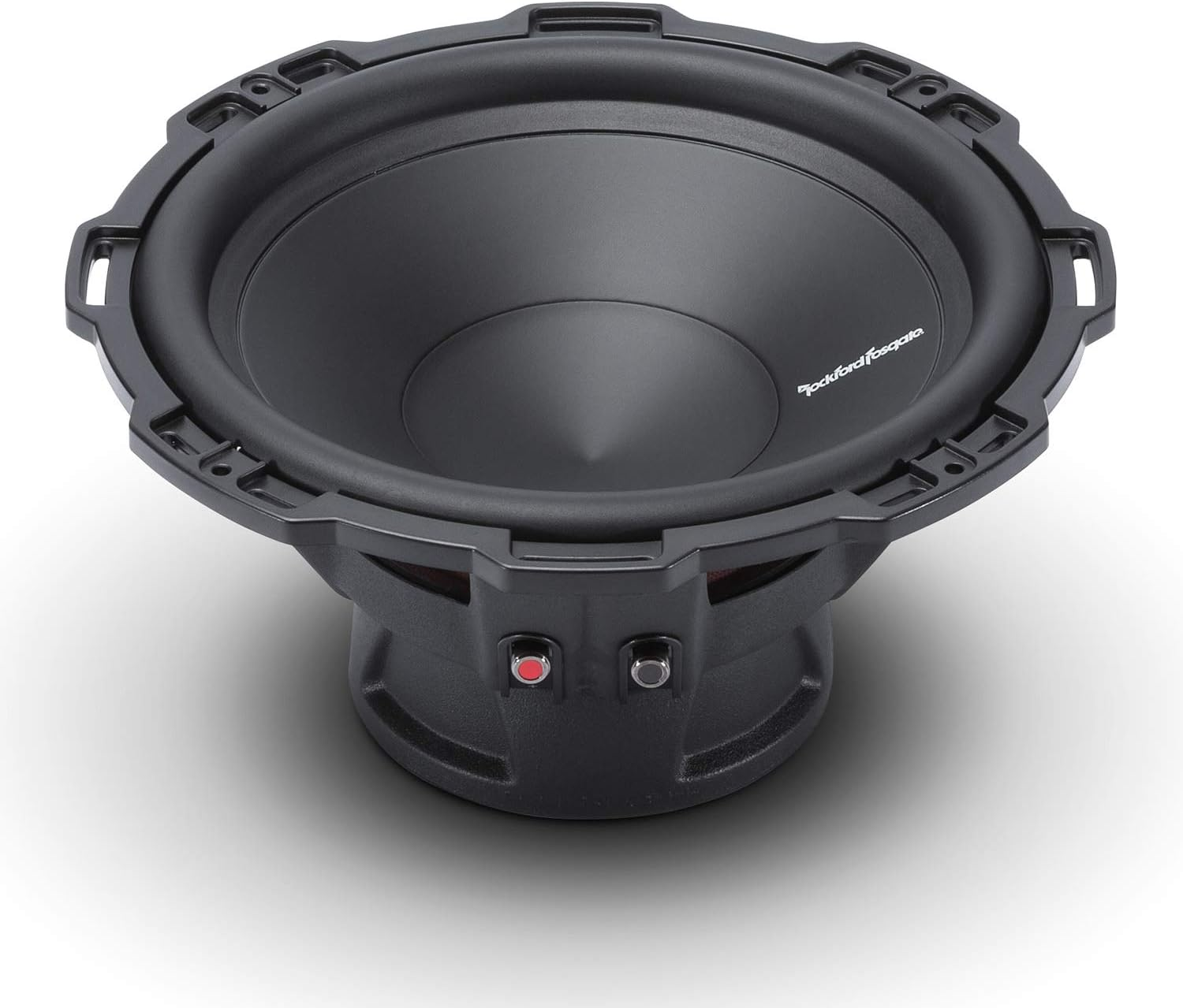 Ein schwarzer Subwoofer mit dem Logo von Rockford Fosgate. Er hat ein kreisförmiges Design, mit einem Konus und einem umlaufenden Rahmen auf weißem Hintergrund.