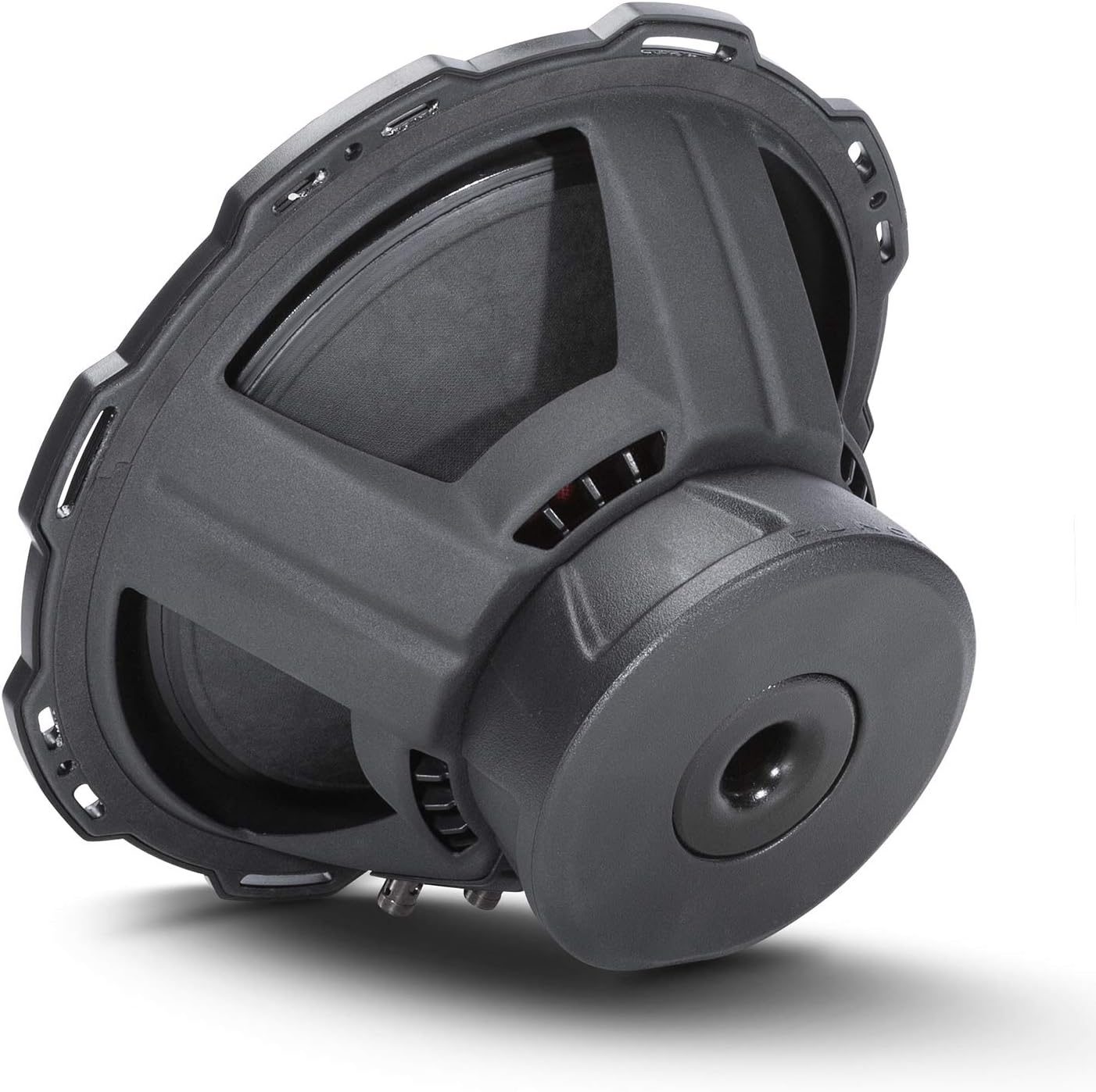 Nahaufnahme eines schwarzen Subwoofers mit einem zentralen Konus, umgeben von einem schwarzen Rahmen und einer zylindrischen Struktur.