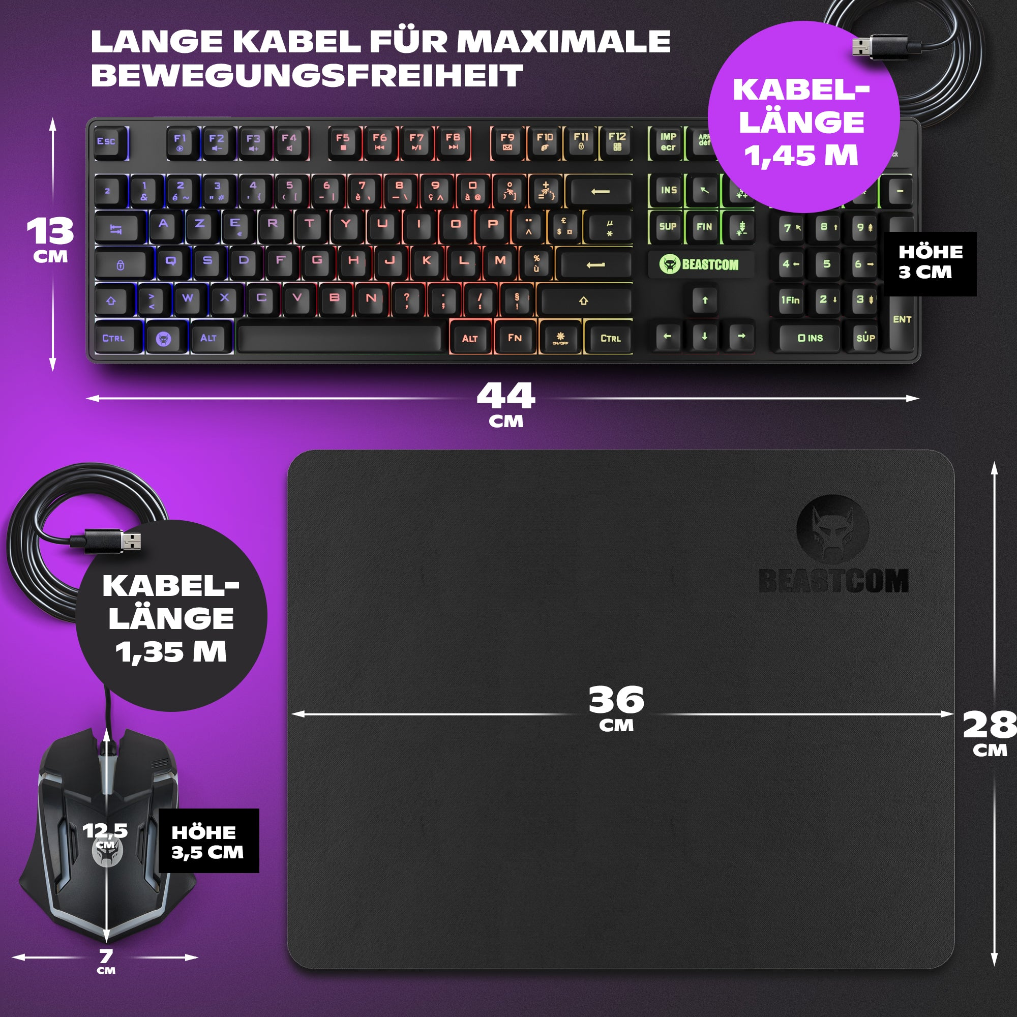 Schwarze Tastatur, Maus und Mauspad. Tastatur hat bunte Tasten. Die Maus hat ein Kabel.