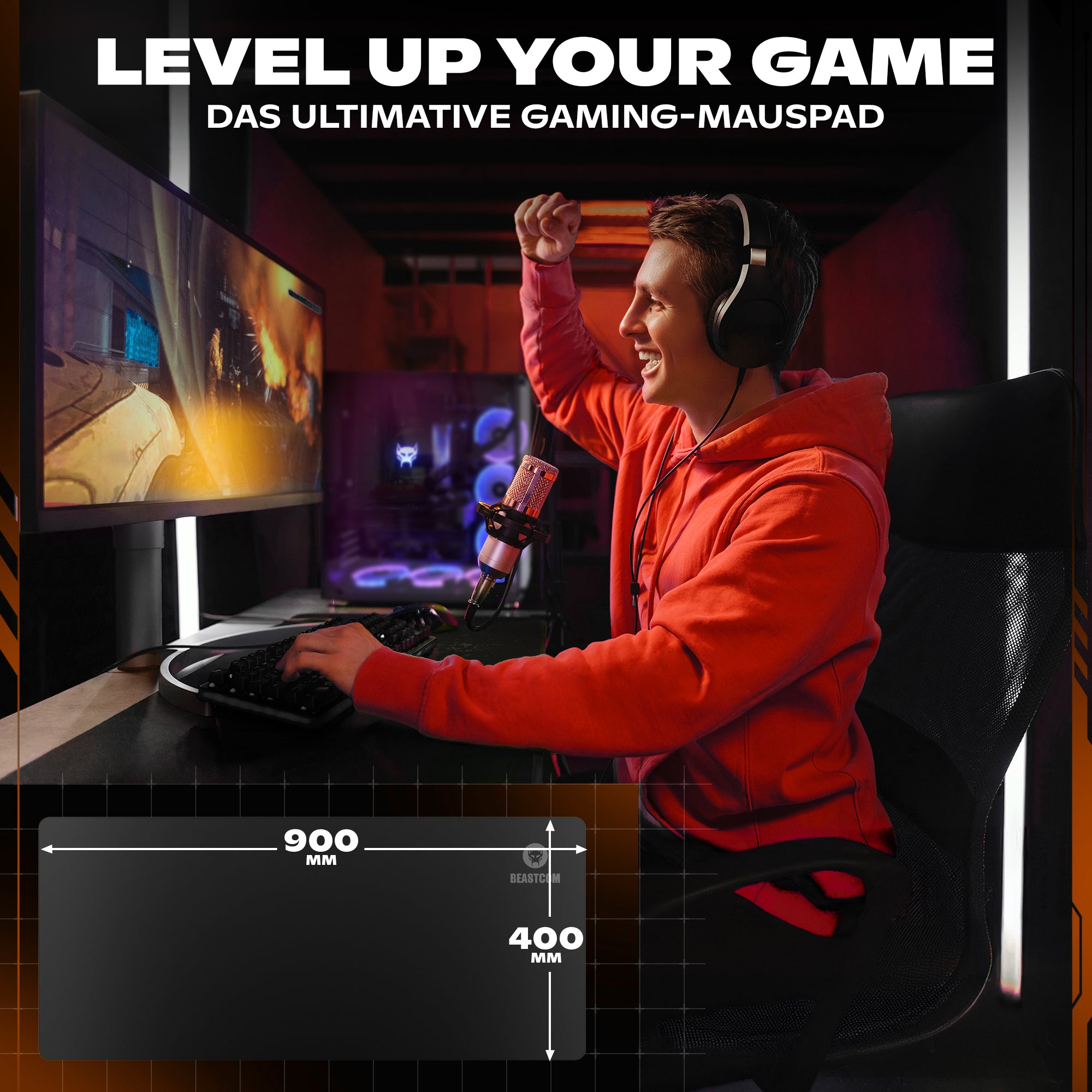 Gracz ze słuchawkami podnosi zaciśniętą pięść w geście ekscytacji. Pokazana jest podkładka pod mysz dla graczy. Tekst mówi 'Level Up Your Game'.
