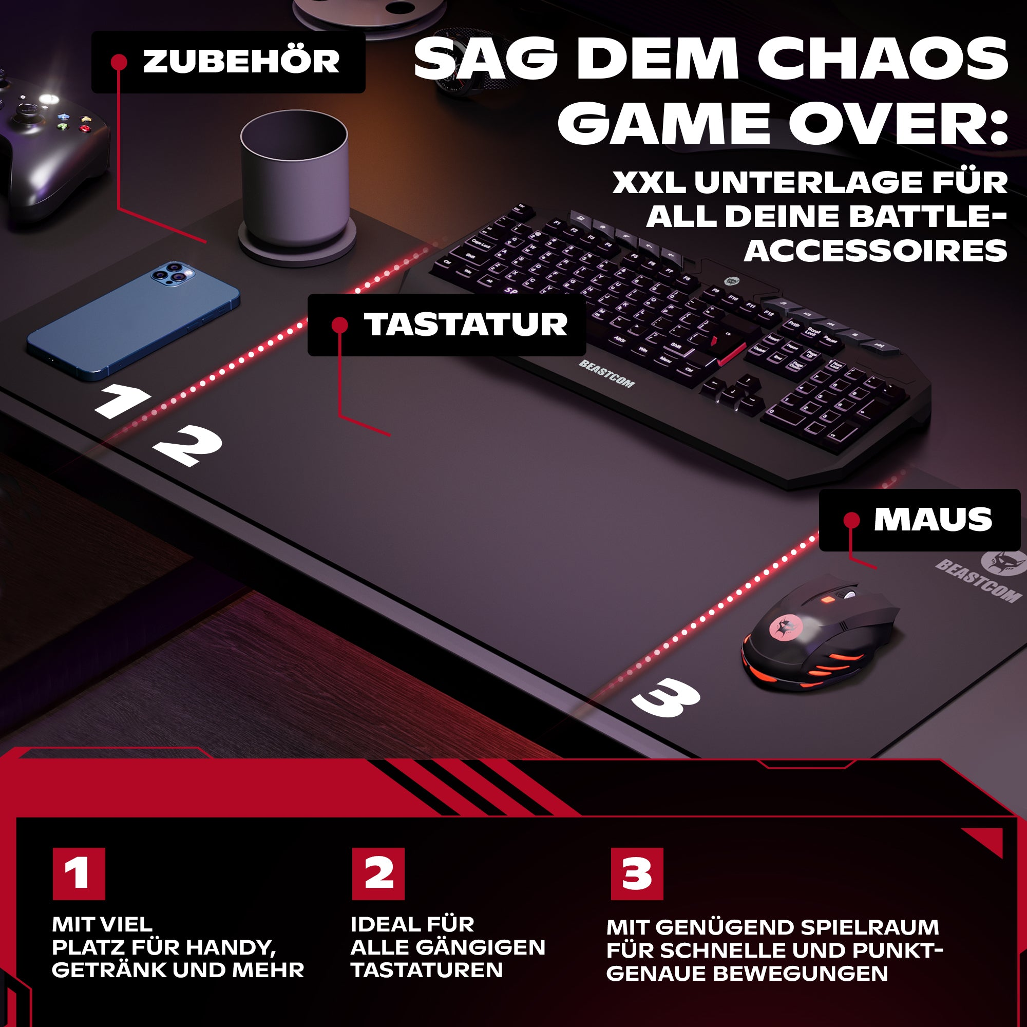 Biurko do gier z telefonem, klawiaturą, myszą i akcesoriami. Tekst mówi 'Game Over: powierzchnia XXL'.