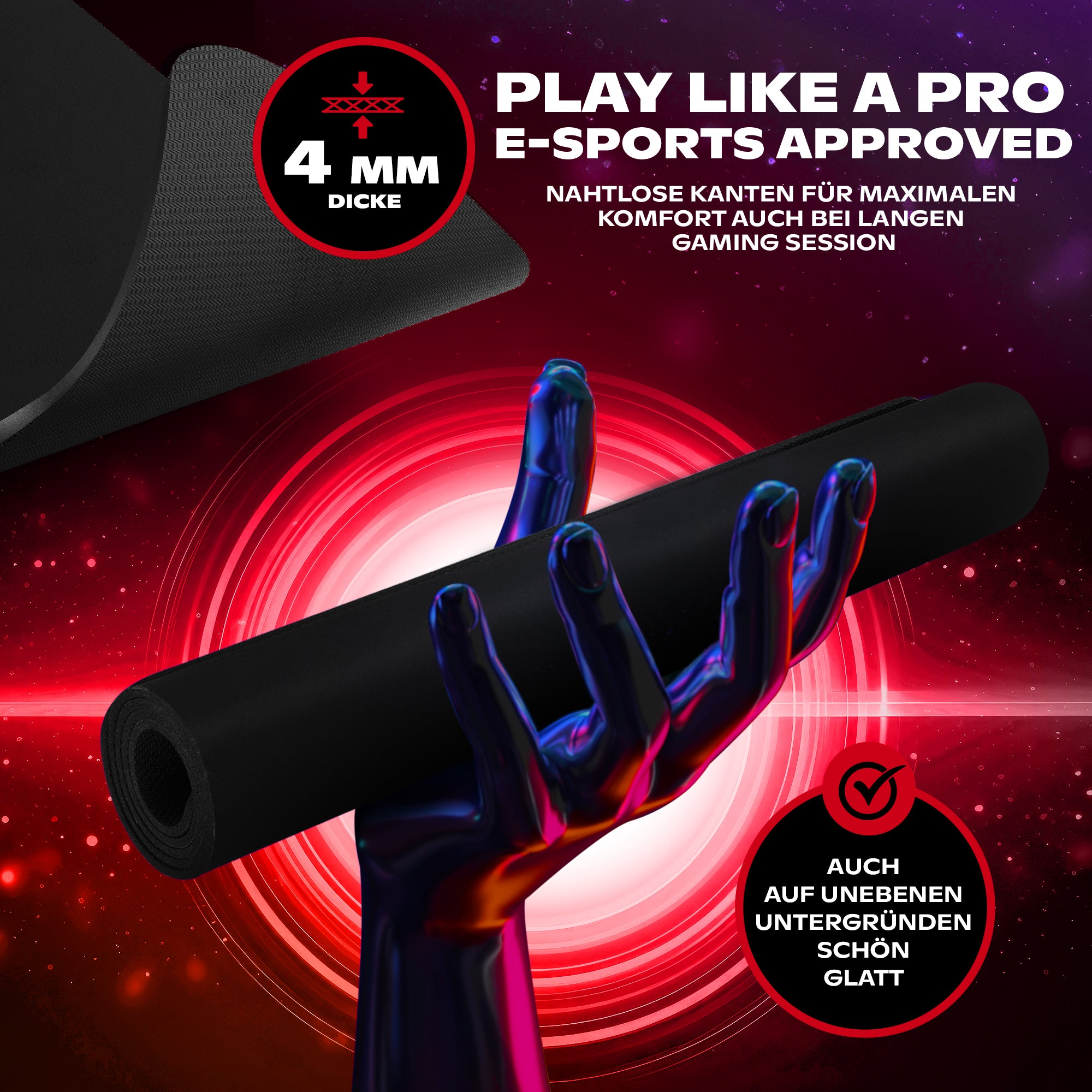 Ręka trzyma zwiniętą czarną matę. Tło jest czerwone z napisem: Graj jak profesjonalista, E-sport zatwierdzony.