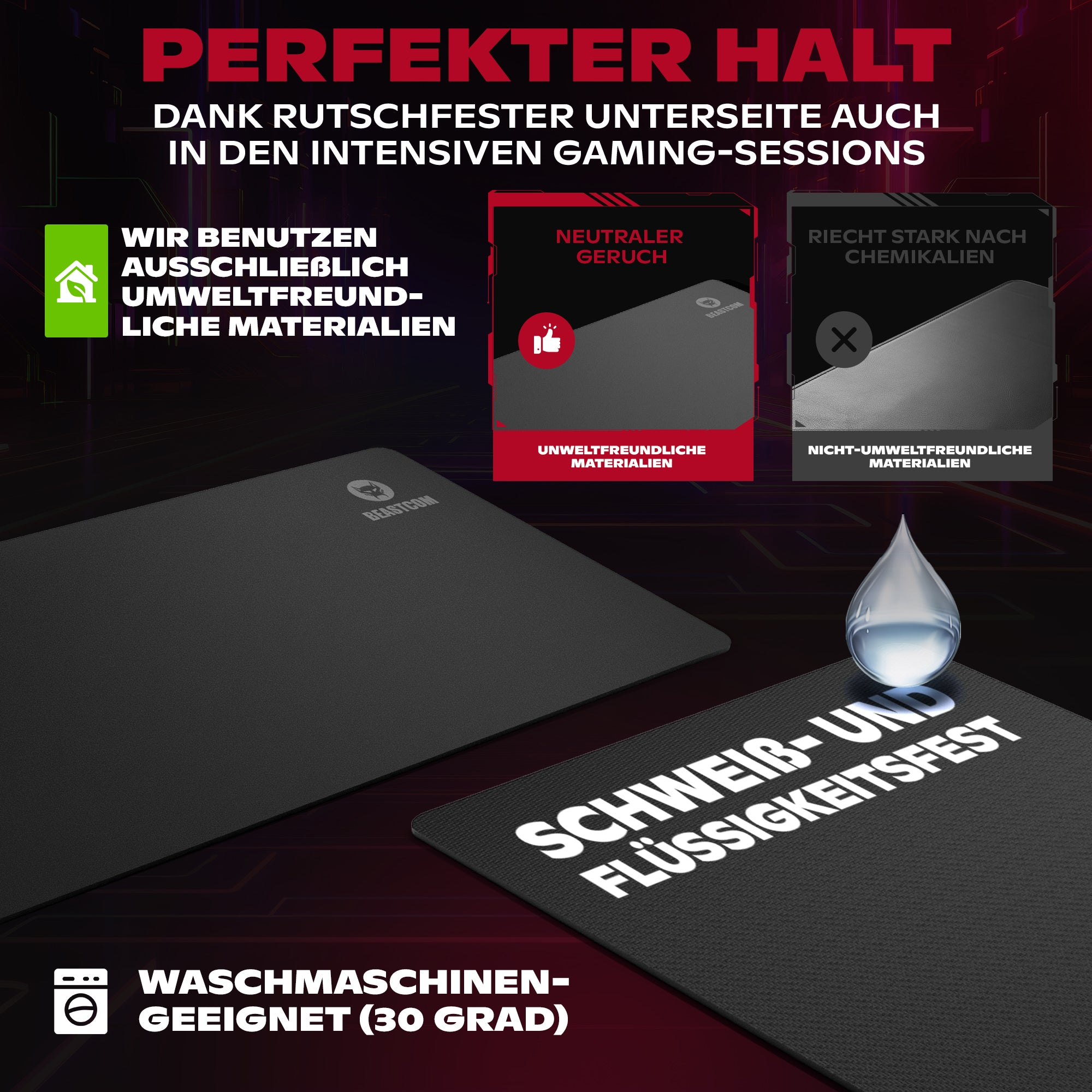 Podkładka pod mysz dla graczy z tekstem o przyjazności dla środowiska, odporności na pot i praniu w pralce.