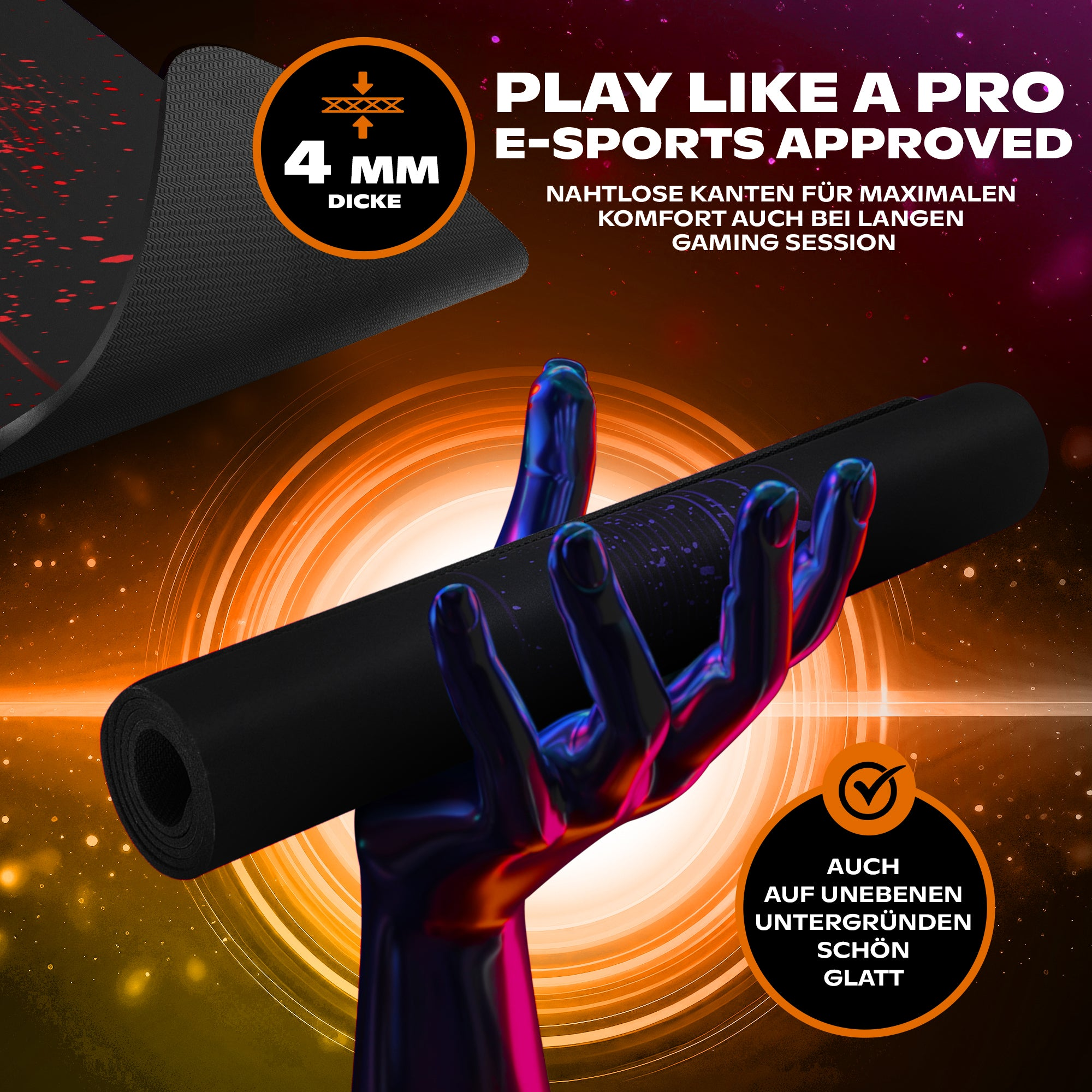 Ręka trzyma zwiniętą czarną matę. Tekst mówi „Play Like A Pro” i „4 mm”. Tło jest pomarańczowe i fioletowe.