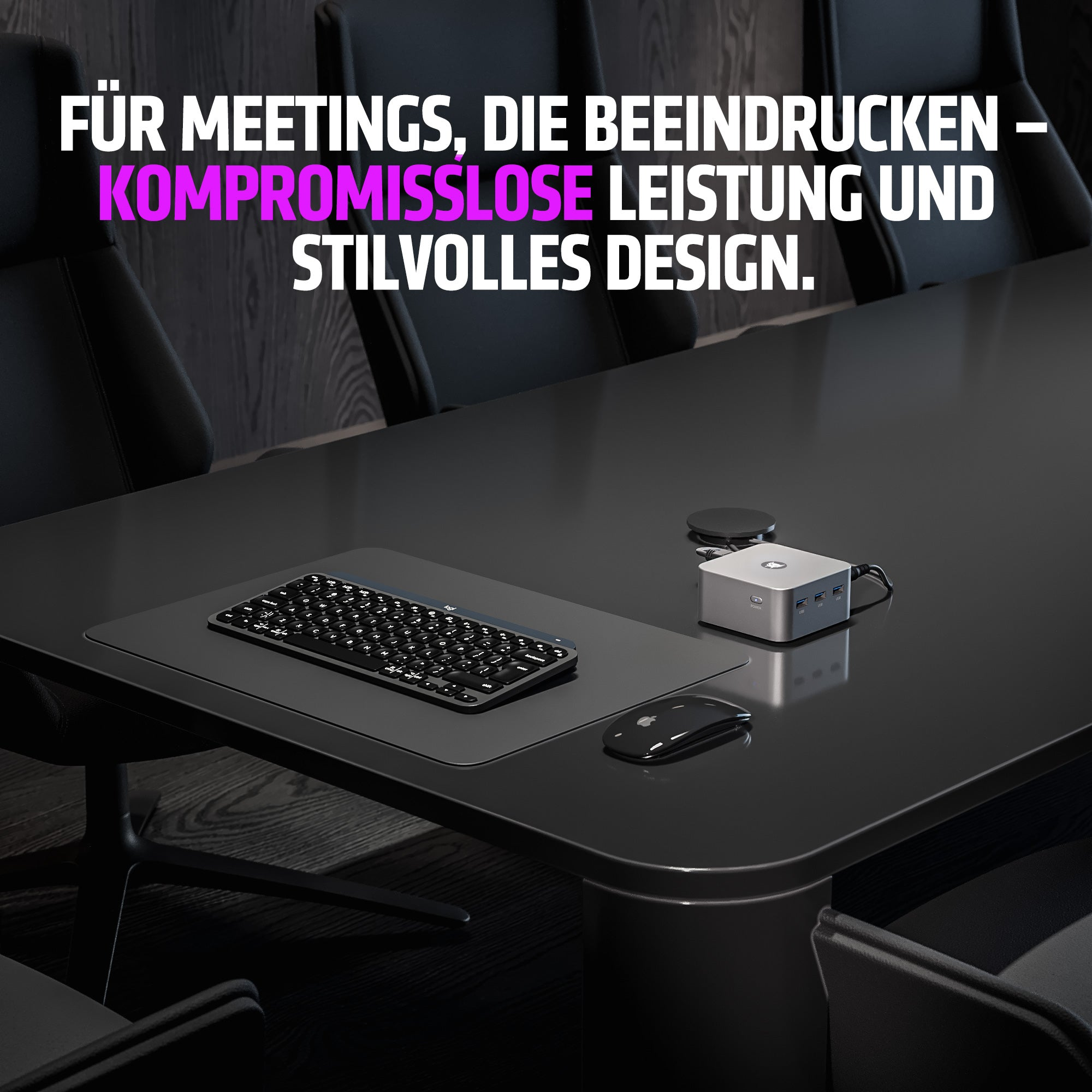 Stół konferencyjny z klawiaturą, myszą i hubem. Tekst: 'Imponujące spotkania - bezkompromisowa wydajność i stylowy design'.