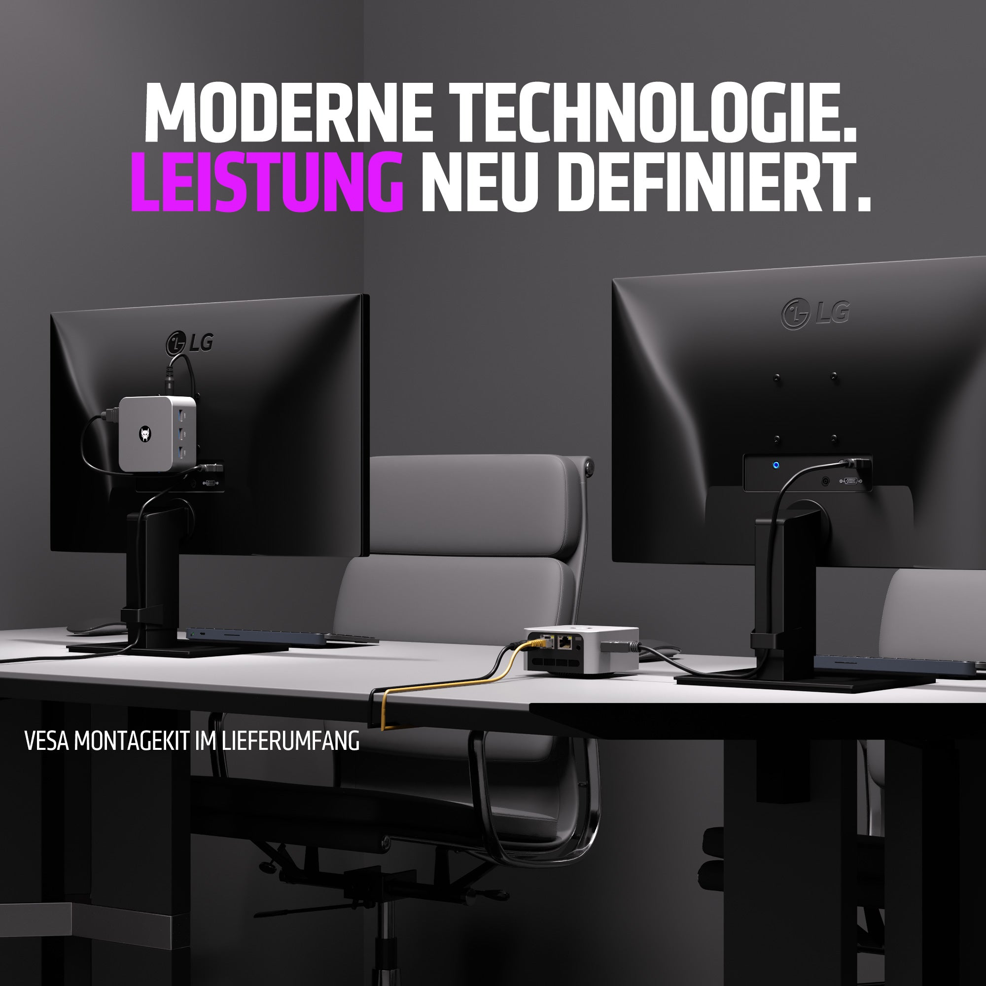 Dwa monitory LG z podłączonymi urządzeniami na biurku, tekst: "MODERNE TECHNOLOGIE. LEISTUNG NEU DEFINIERT."